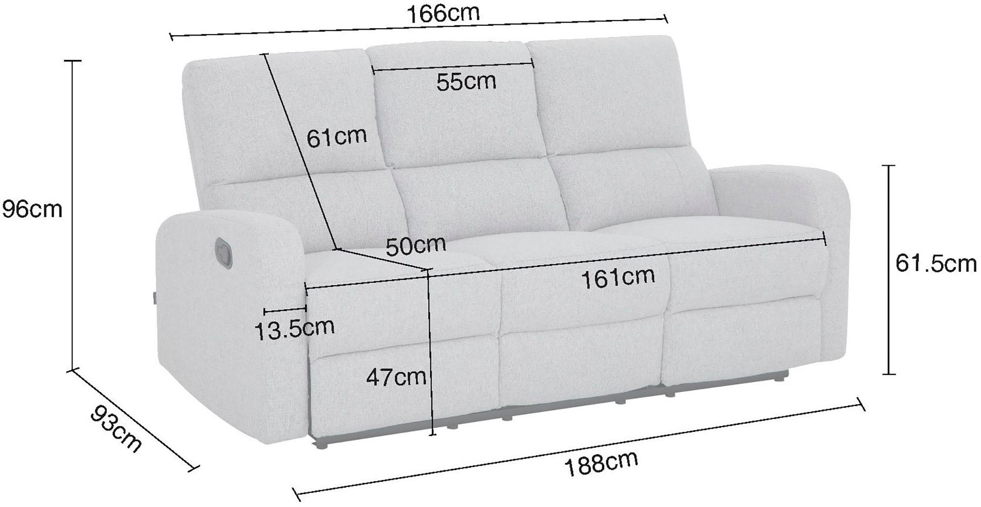 Home affaire 3-Sitzer »TOURNAY manuelle Relaxfunktion, Liegefunktion (105°-135°), Webstoff«, Reclinerfunktion in 2 Sitzen (links u. rechts)