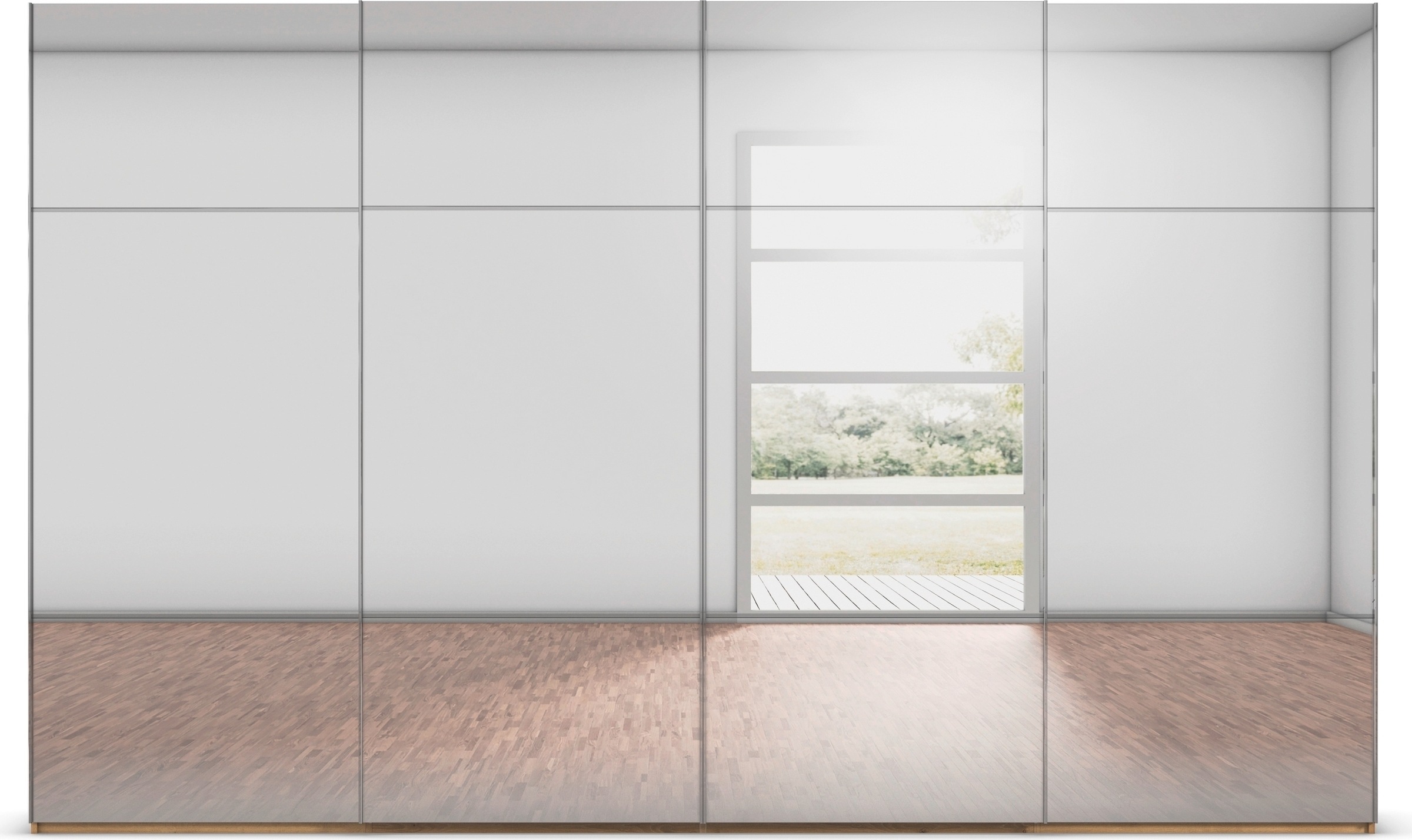 rauch Schwebetürenschrank »Kleiderschrank Schrank Garderobe Schlafzimmerschrank SCALE-TRIO«, edle dreigeteilte Front mit 2 Zierleisten Spiegelfront MADE IN GERMANY