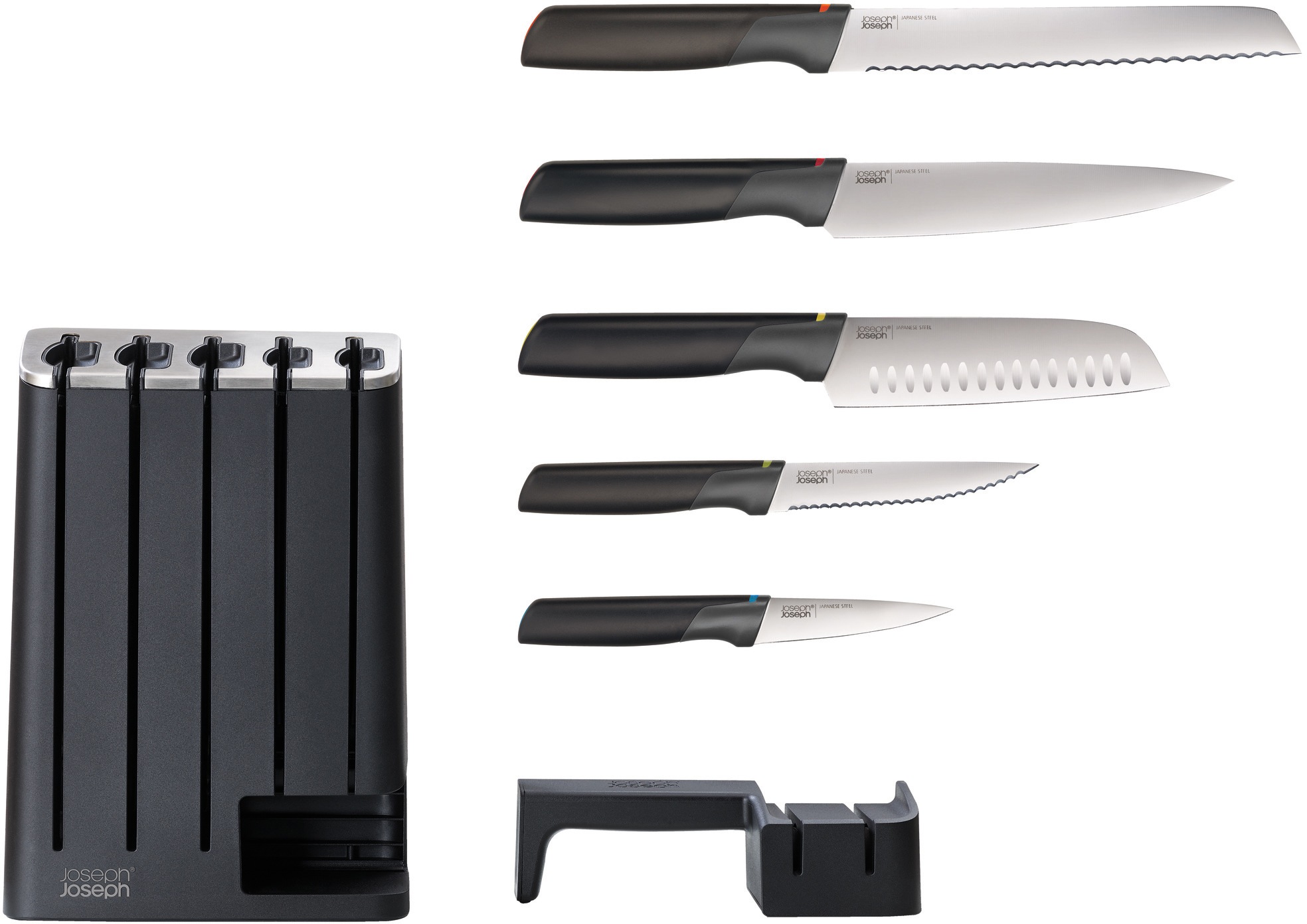 Joseph Joseph Messerblock "Elevate", 7 tlg., 5 Messer mit Klingen aus japanischem Edelstahl, Messerschärfer