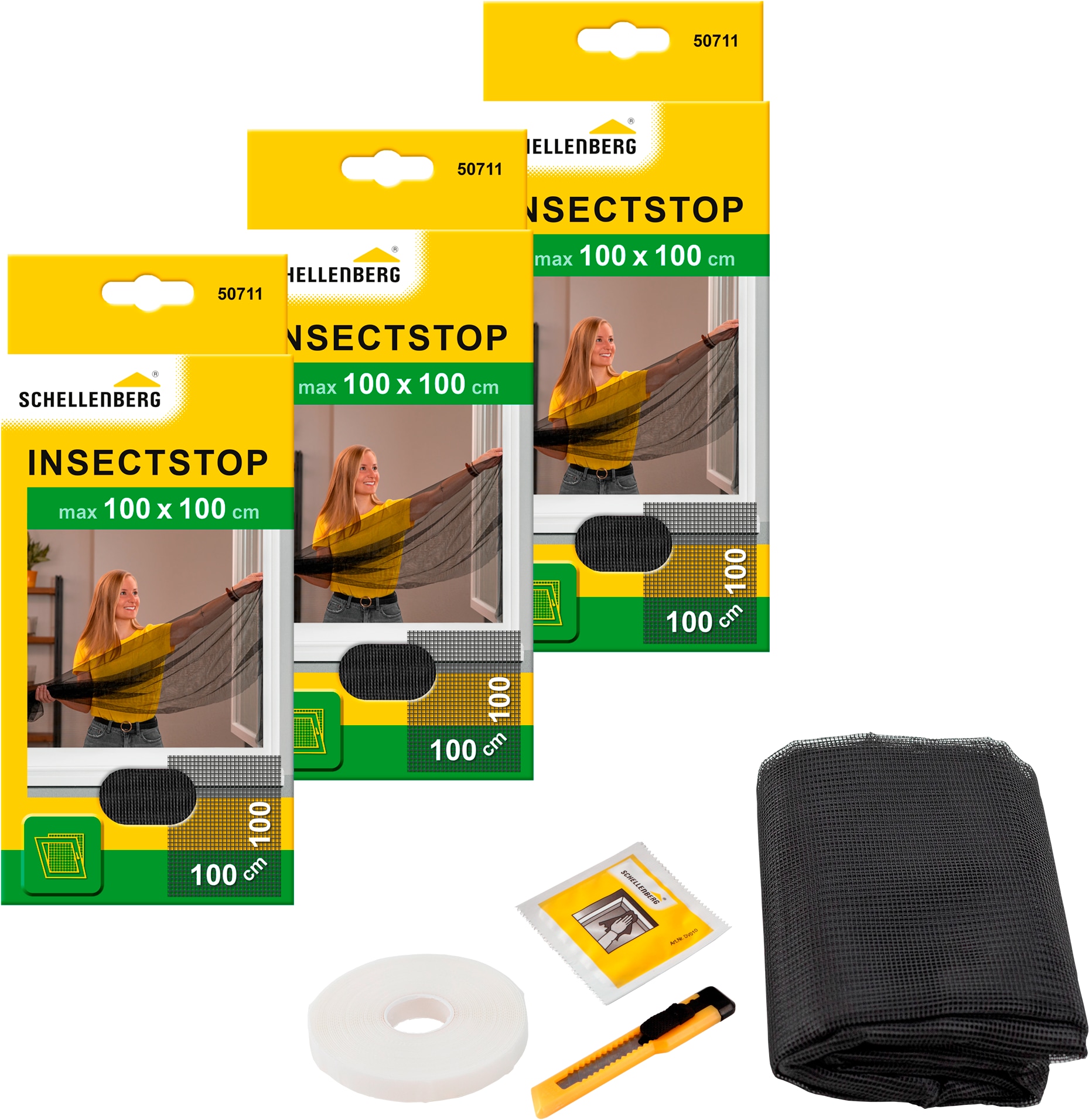 SCHELLENBERG "für Fenster ohne bohren" Set, 3 Stk. tlg. Insektenschutz inkl. Befestigungsband, 100 x 100 cm, weiß, anthrazit