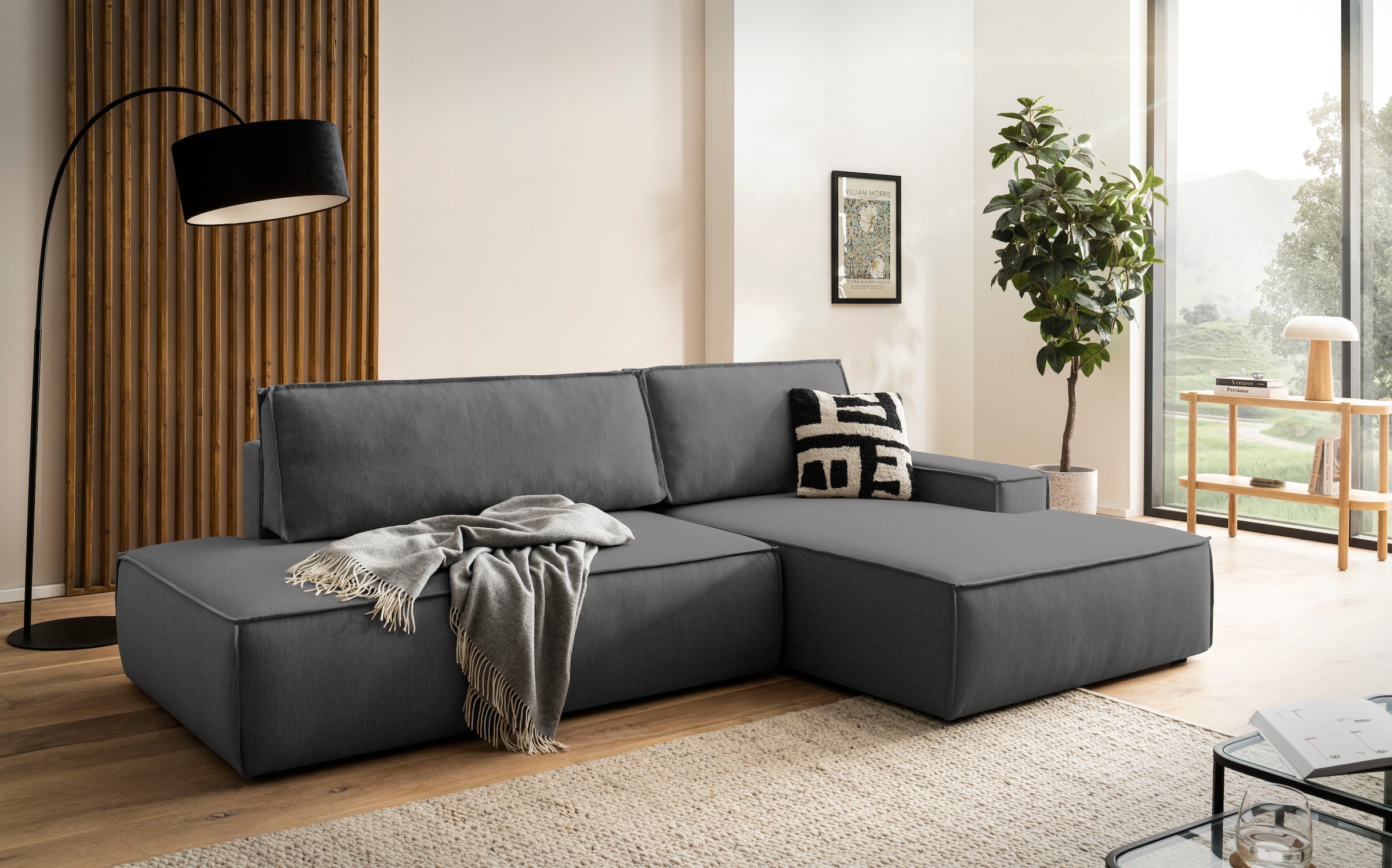 OTTO home Ecksofa "SHERWOOD Leinenoptik Schlafsofa in L-Form offen (275cm)" Schlaffunktion und Bettkasten, Kedernaht, hoher Sitz- & Liegekomfort