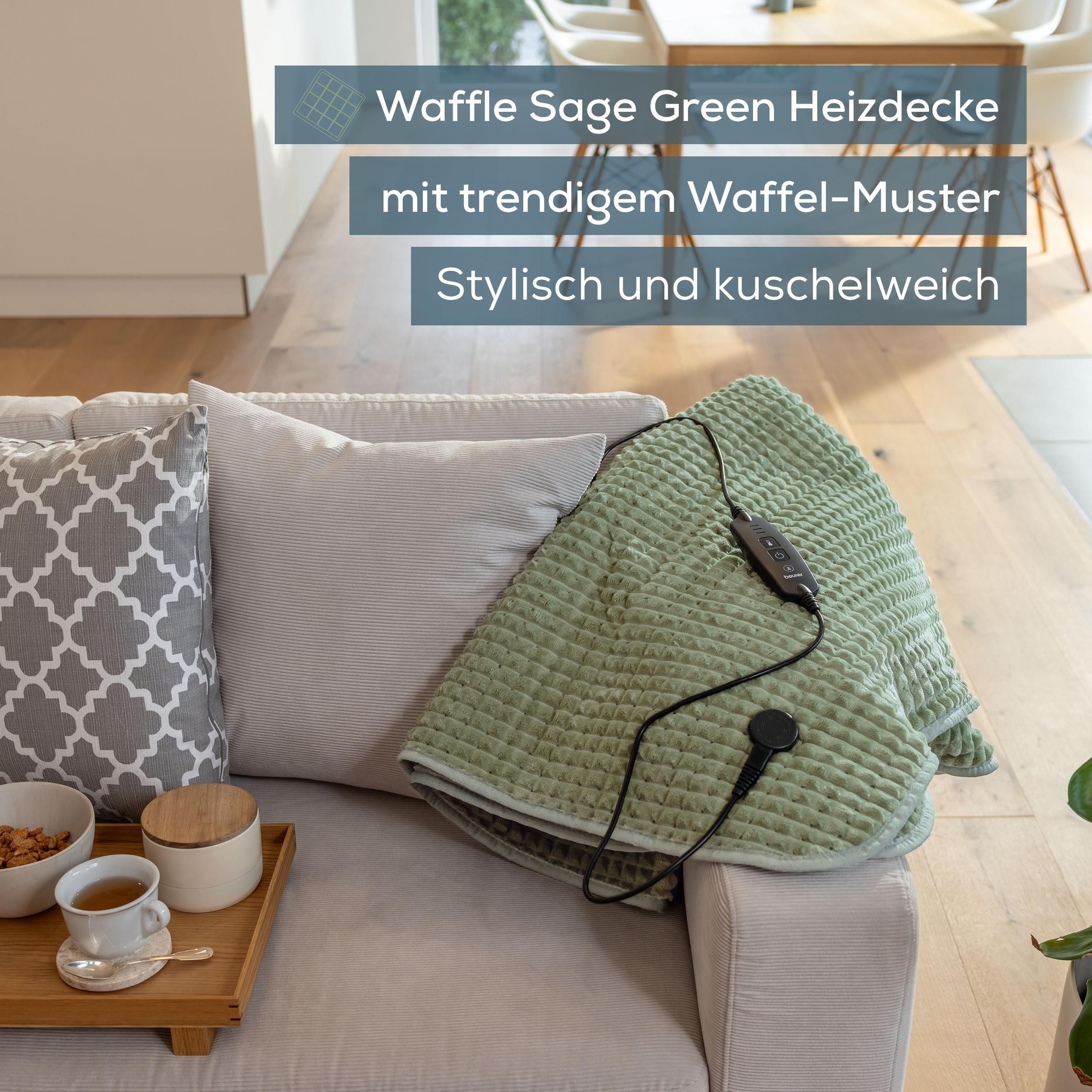 BEURER Heizdecke »HD 72 Waffle Sage Green mit 3 Temperaturstufen« Voluminöser Effekt und elegantes Design durch Waffelstruktur
