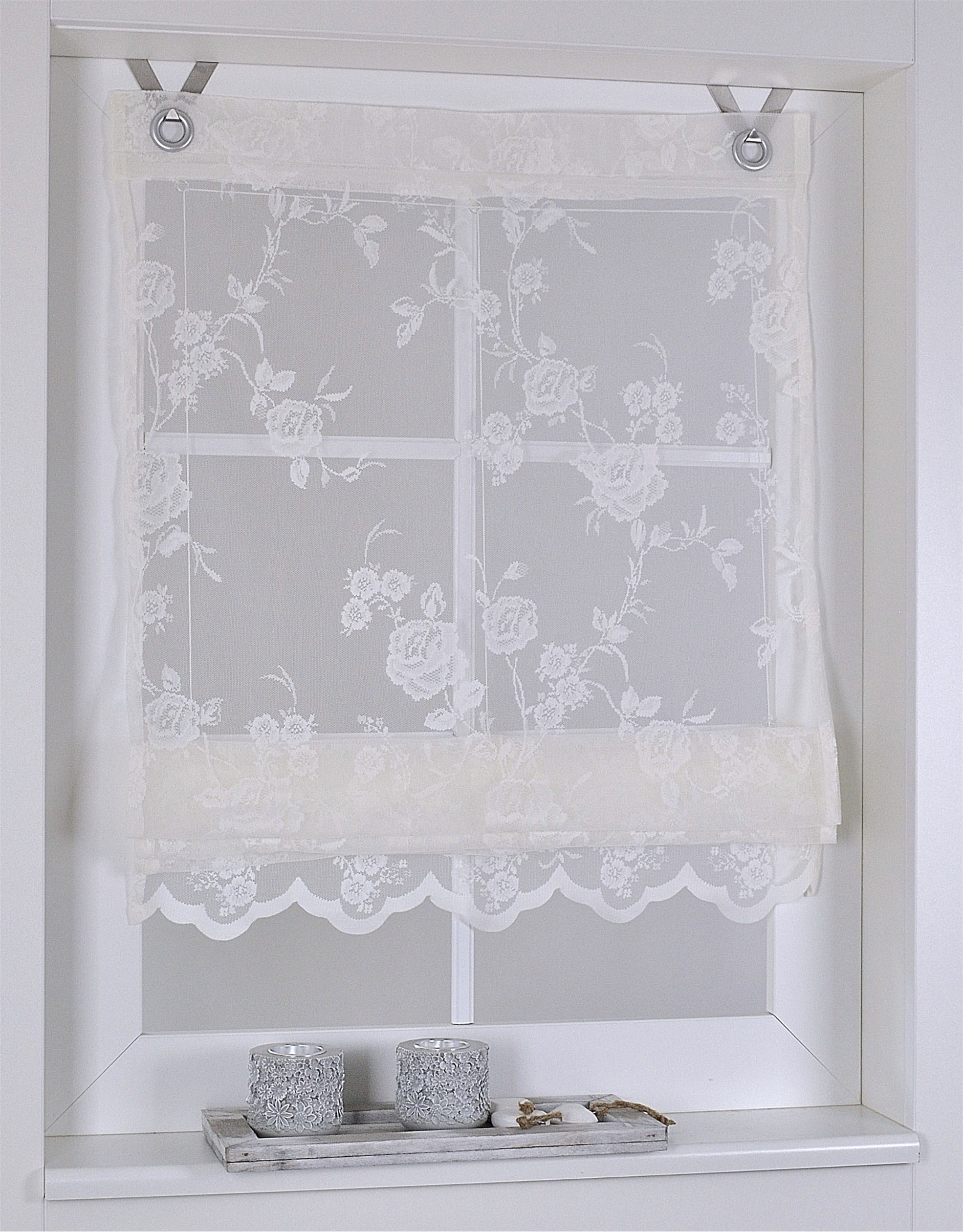 Thumbnail - Kutti Raffrollo "Florence" mit Hakenaufhängung ohne Bohren freihängend transparent, creme, Spitze, Stickerei, Volant, mi...