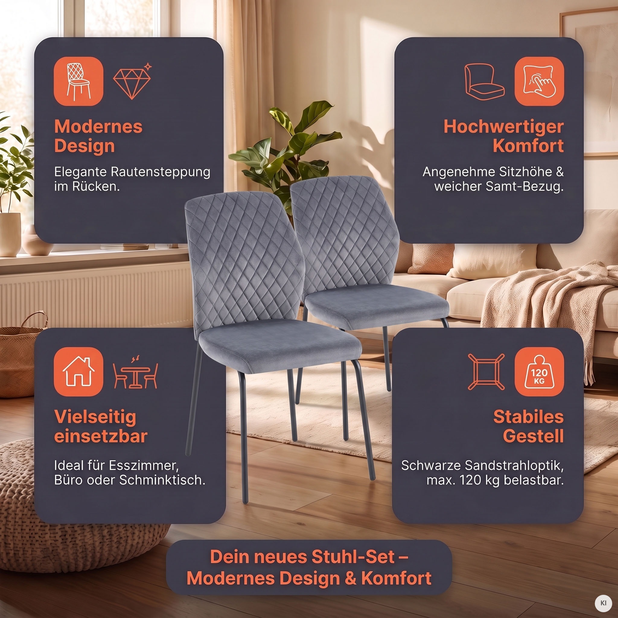SalesFever 4-Fußstuhl »Esszimmerstuhl mit elegantem Stil« (Set) 2 Stk.2er Set mit eleganter Wabensteppung im Rücken