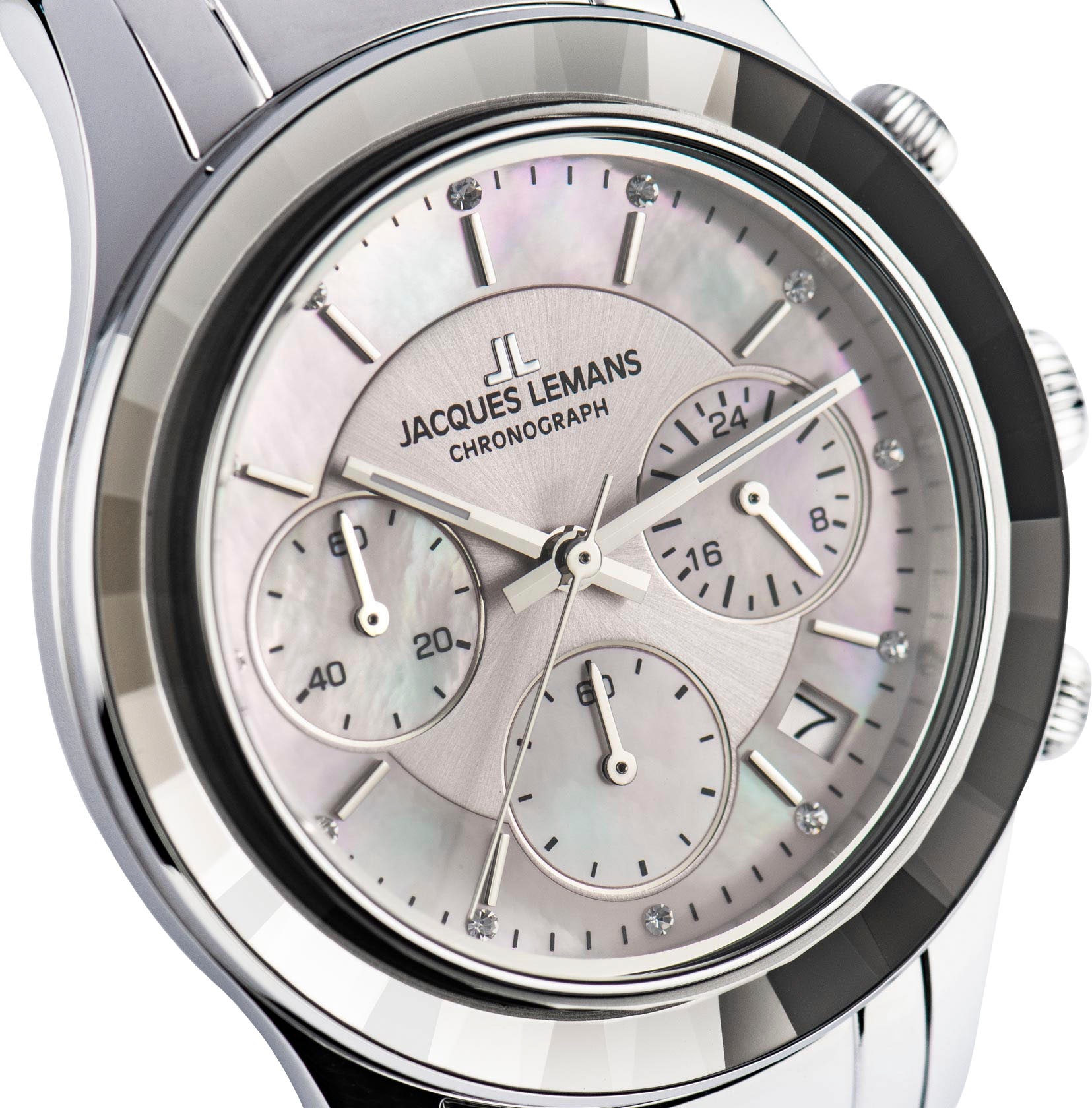Jacques Lemans Chronograph »Venice«, Armbanduhr, Damenuhr, Edelstahlarmband, Stoppfunktion, Datum, Perlmutt