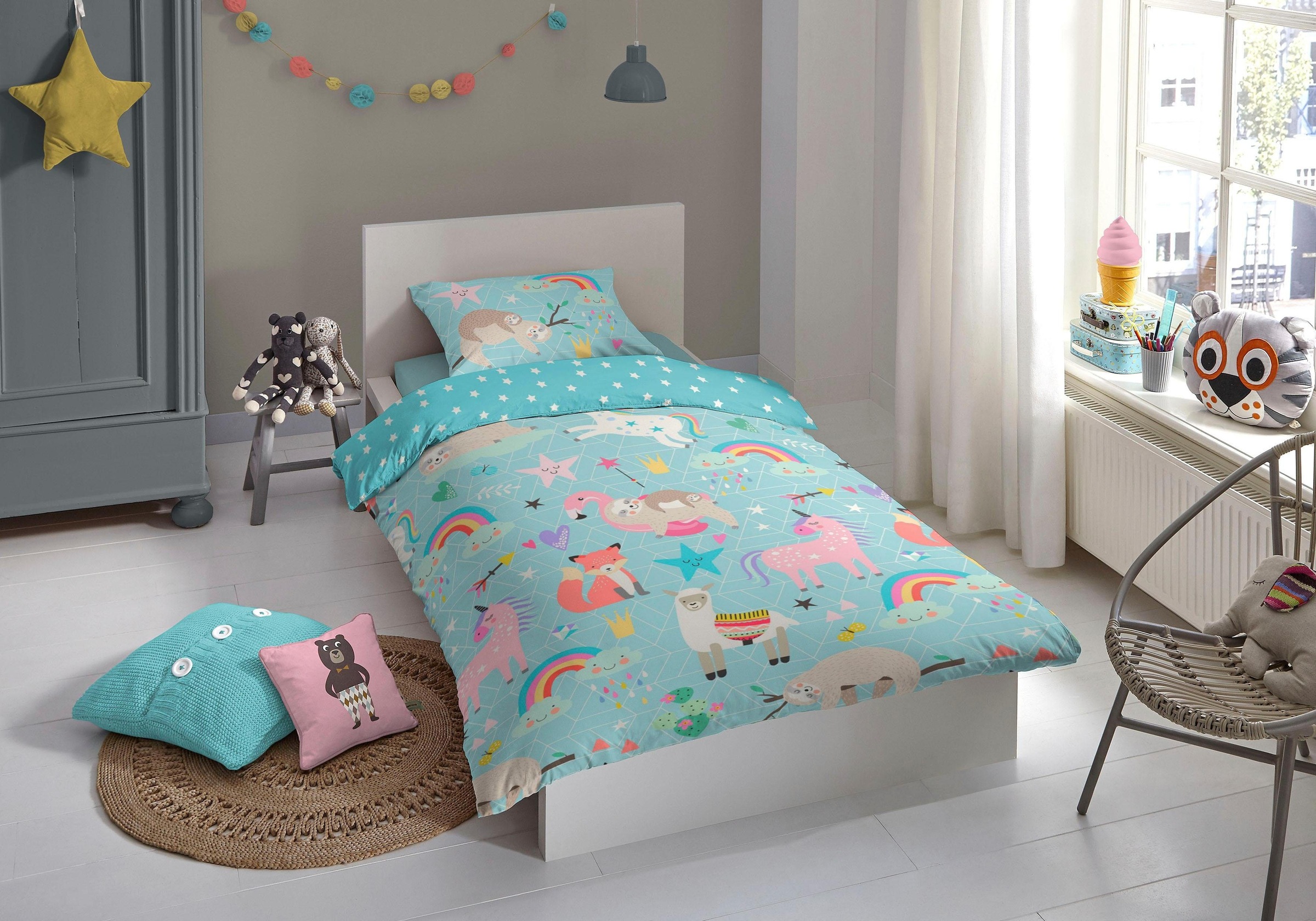 good morning Kinderbettwäsche »Moody«, Baumwolle, 135x100, Reißverschluss, Wende, Kind, Mädchen, Tier, Türkis