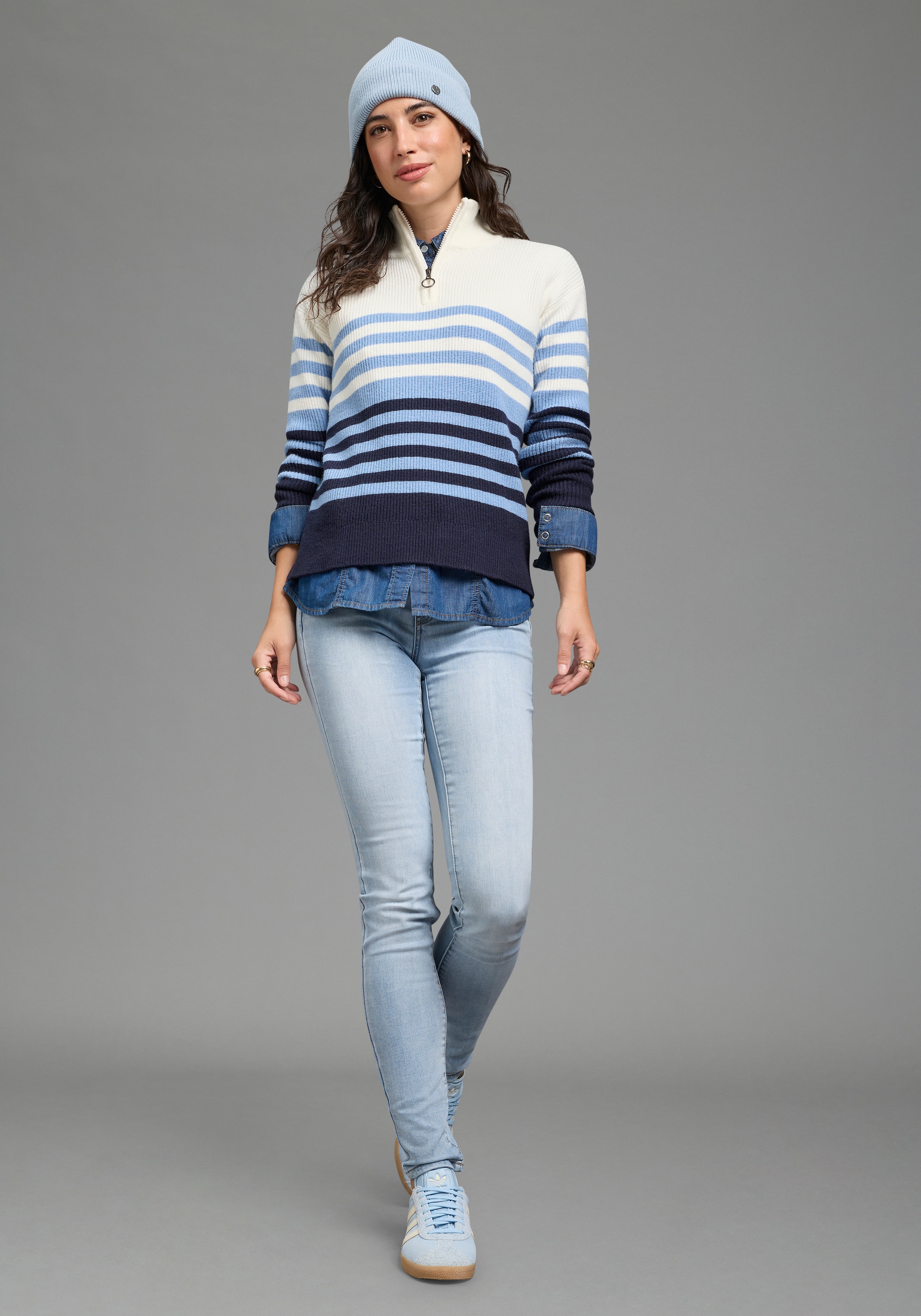 Laura Scott Strickpullover »im maritimen Streifenlook mit Troyerkragen« mit hüftlanger Passform
