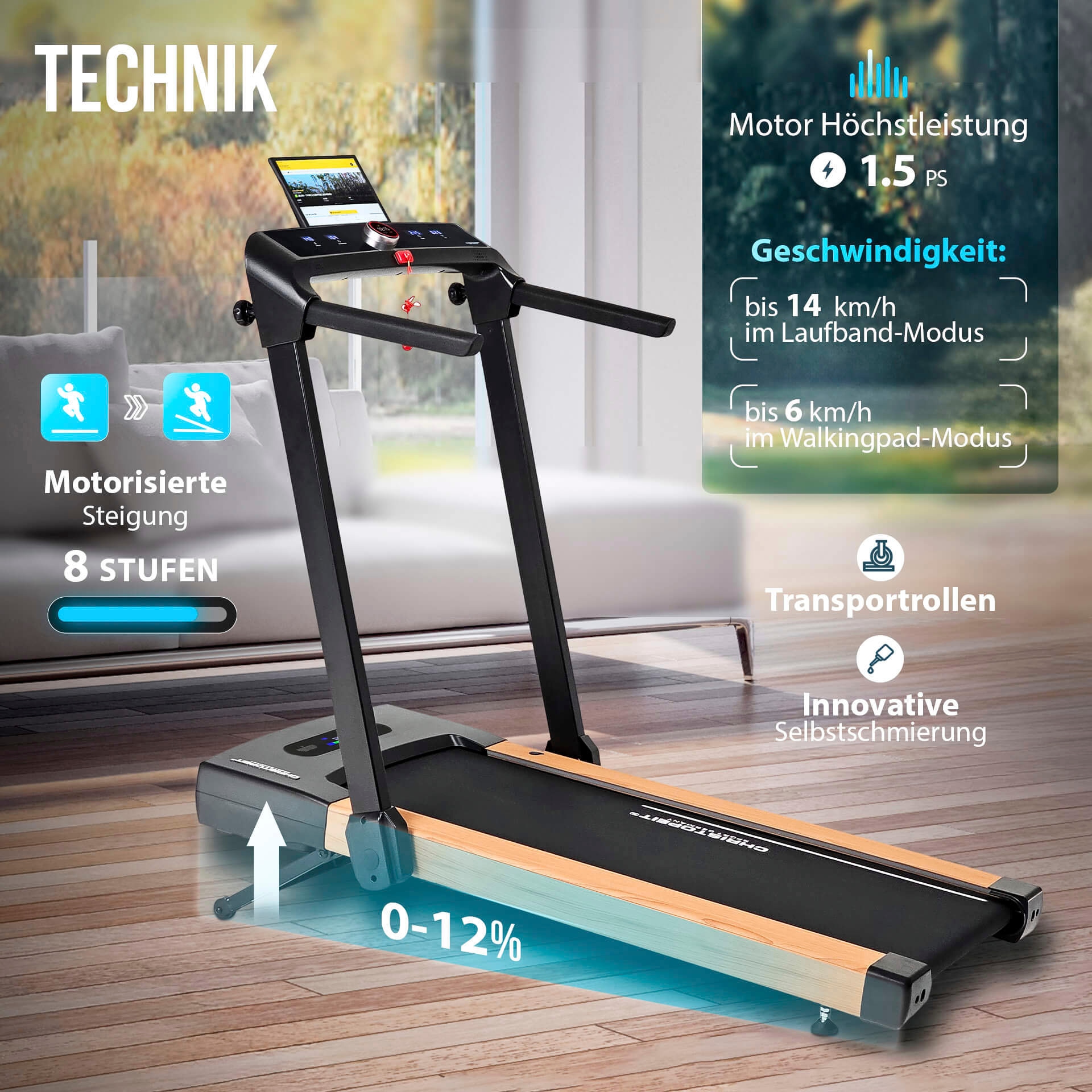 Christopeit Sport® Laufband »2 in 1 S«, (1 tlg., inkl. Bluetooth-Musikboxen), bis max. 14 km/h, klappbar