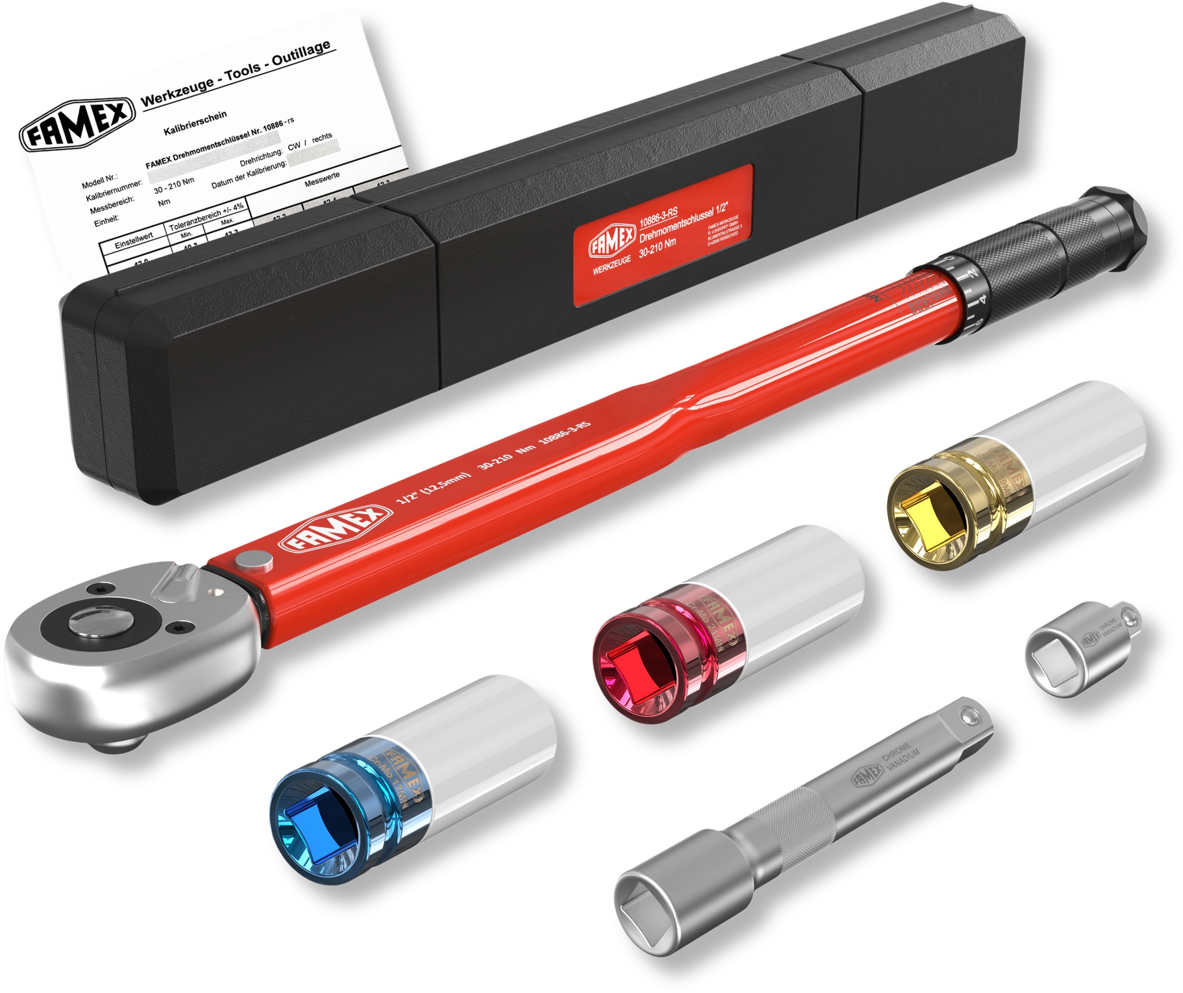 FAMEX Drehmomentschlüssel "10886-3-RS-KS", (Set, 6 St.), 1/2 Zoll, 30-210 Nm, auf ±3% kalibriert, Schoneinsätze 17/19/21