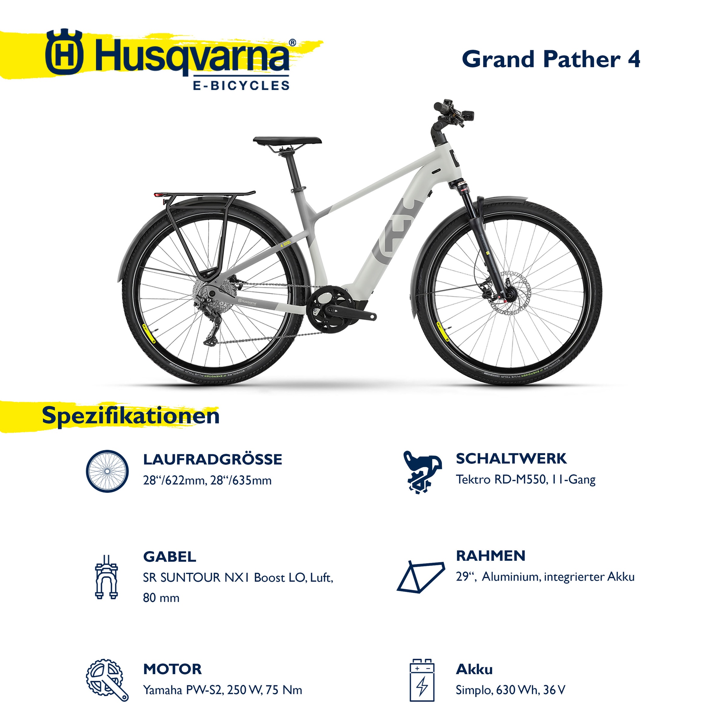 Husqvarna E-BICYCLES E-Bike »E-Trekkingbike Grand Pather 4«, 11 Gang, Tektro, RD-M550, Mittelmotor 250 W, (28 Zoll, Yamaha Motor, Scheibenbremsen, mit Straßenzulassung), Pedelec, Elektrofahrrad für Herren, Trekkingrad