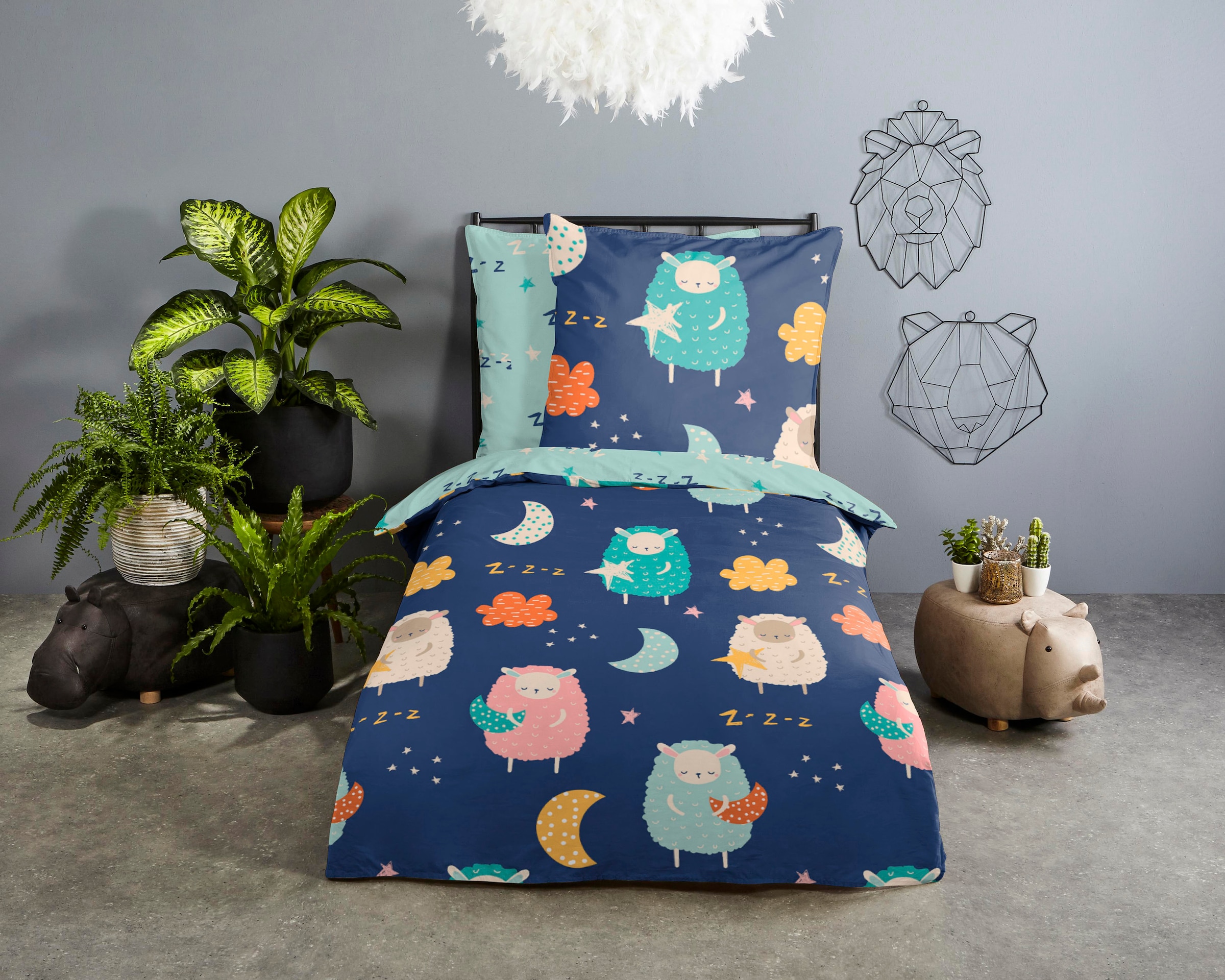 good morning "Sheep Sleep" 2 Stk. Baumwolle, 135x200, Reißverschluss, Wendeoptik, Kind, Schafe, Blau