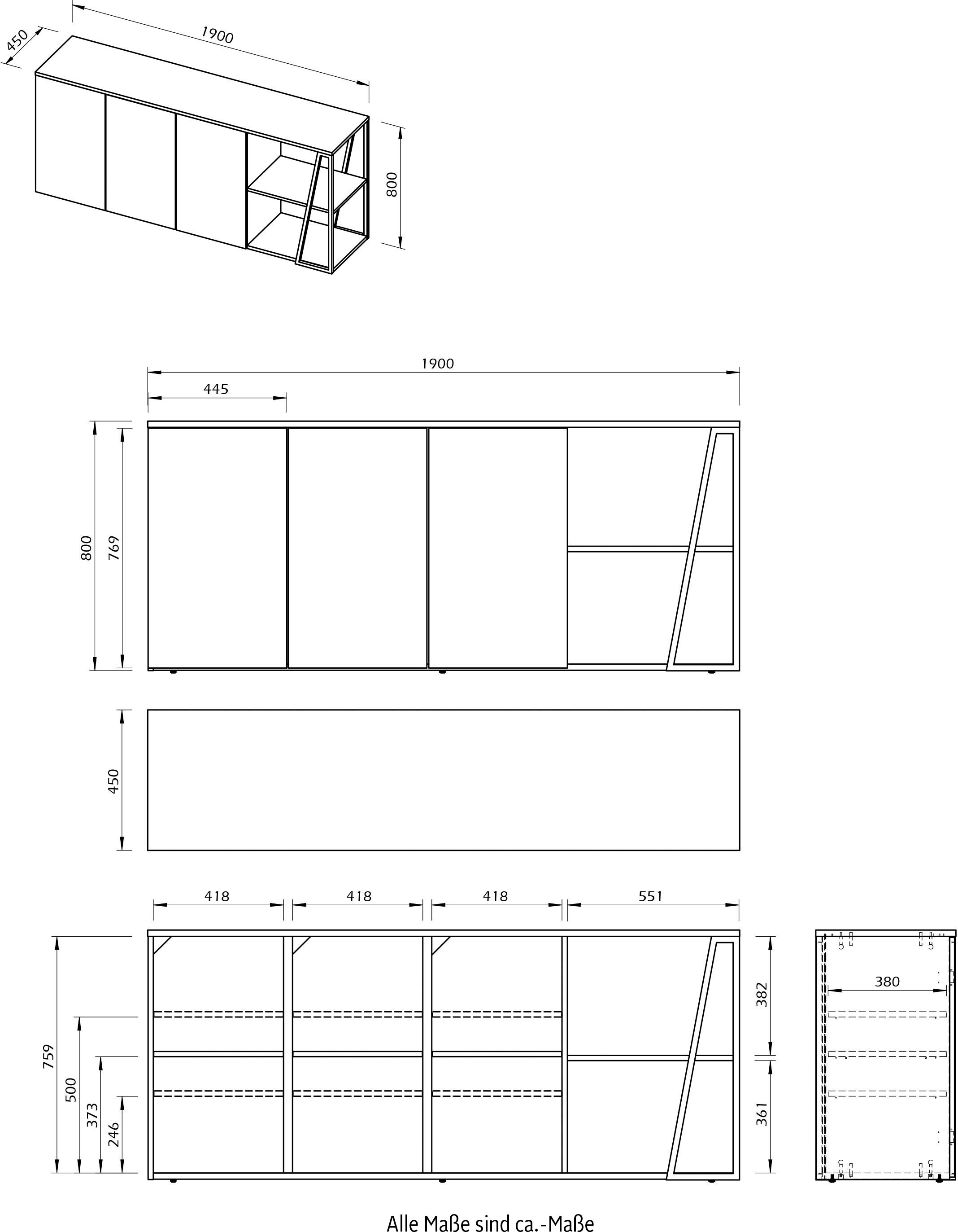 TemaHome Sideboard »Albi«, Kommode aus Echtholzfurnier mit Metallgestell, Breite 190 cm
