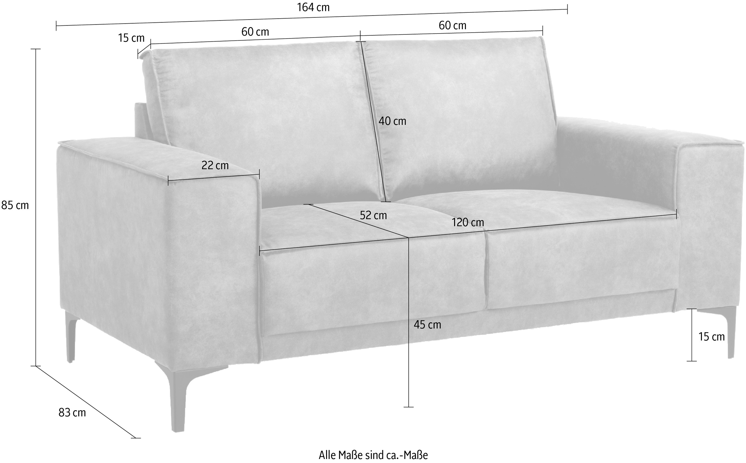 Places of Style 2-Sitzer »Kompaktsofa Oland, Struktur, Flachgewebe, Luxus-Microfaser, Boucle«, 164 cm, Wellenunterfederung, Skandi-Design, Metallfüße
