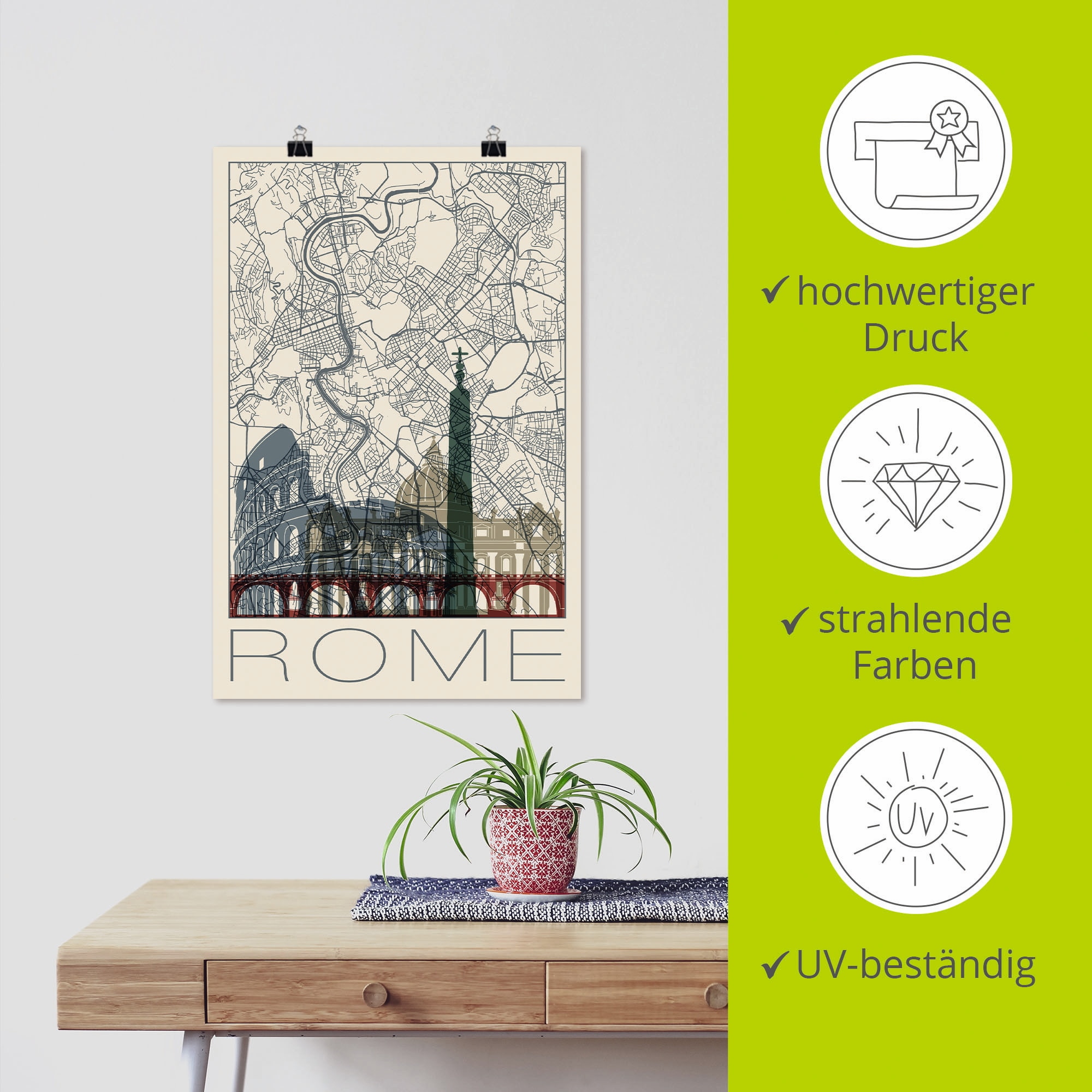 Artland Poster »Retro Karte Rom Italien und Skyline«, Italien, (1 St.), als Alubild, Leinwandbild, Wandaufkleber oder Poster in versch. Größen