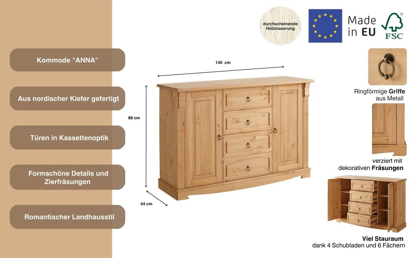 Thumbnail - Home affaire Sideboard "Anna" Gesamtmaße (B/T/H): ca. 140/44/88 cm, Kommode, Breite 140 cm, 4 Schubladen, 2 Türen, Massi...