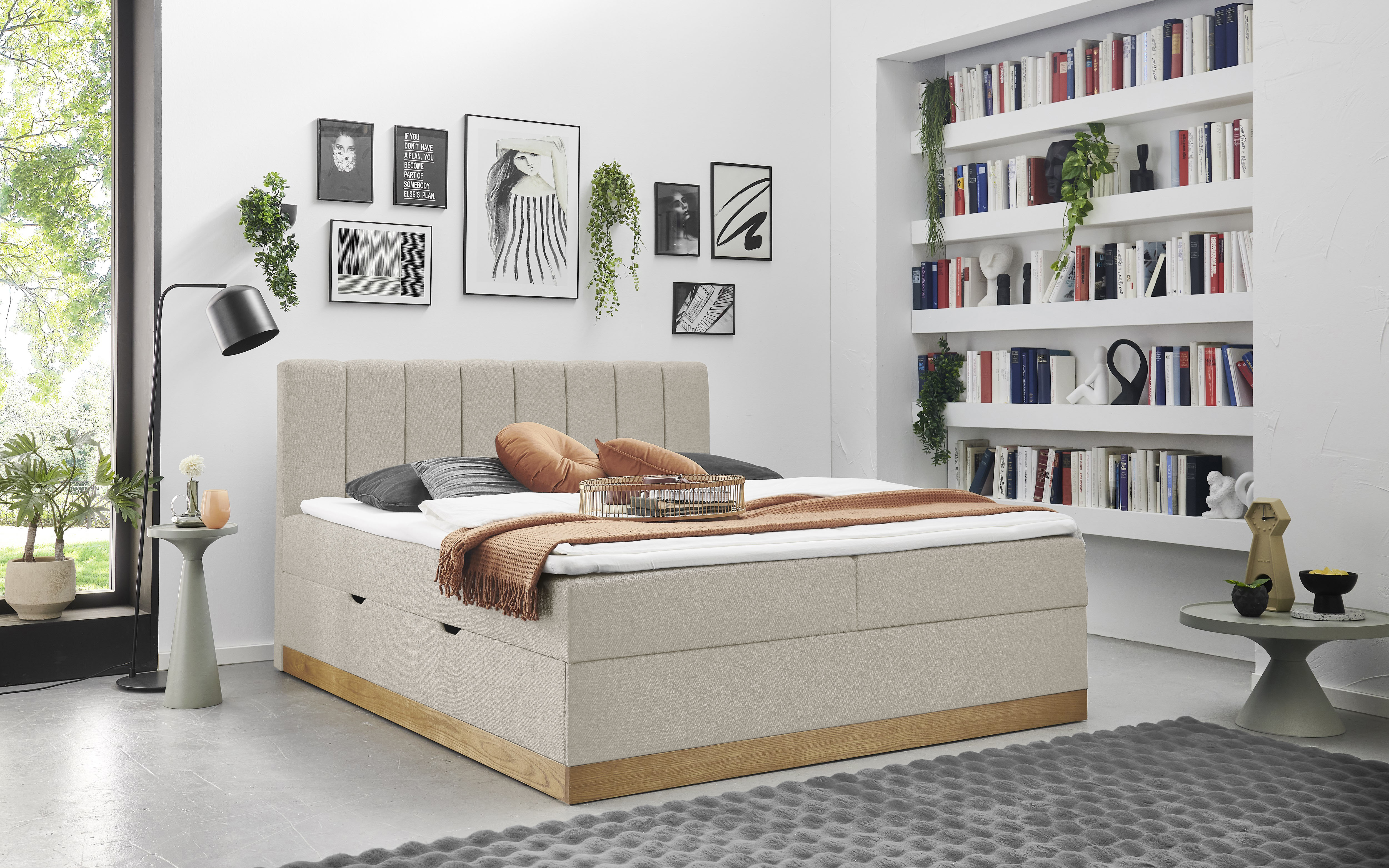 Home affaire Boxbett "FRAPELLE, Polsterbett mit Bettkasten und Taschenfederkernmatratze H3" mit Topper, Strukturstoff-Bezug, Sockel eichefarbig, 180x200cm