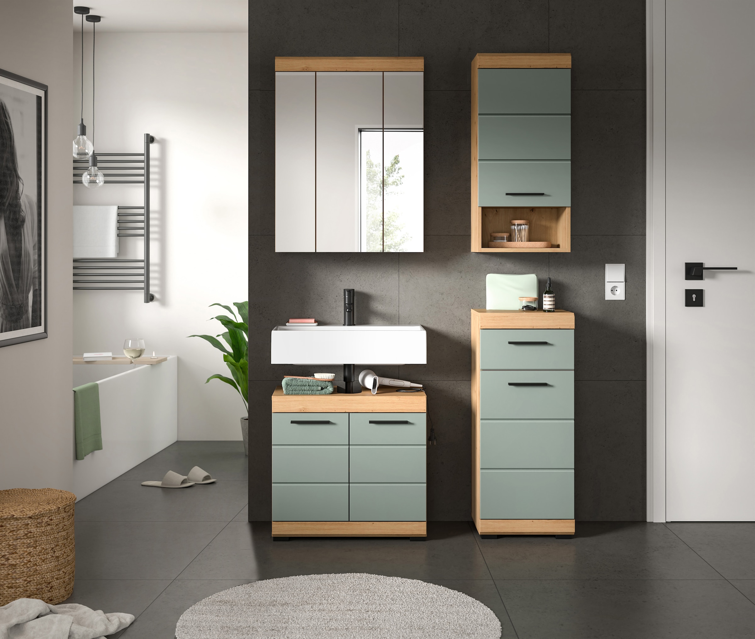 INOSIGN Badmöbel-Set »Siena, 4 teilig, bestehend aus:«, (Set), Waschbeckenunterschrank, Spiegelschrank, Unterschrank, Hängeschrank