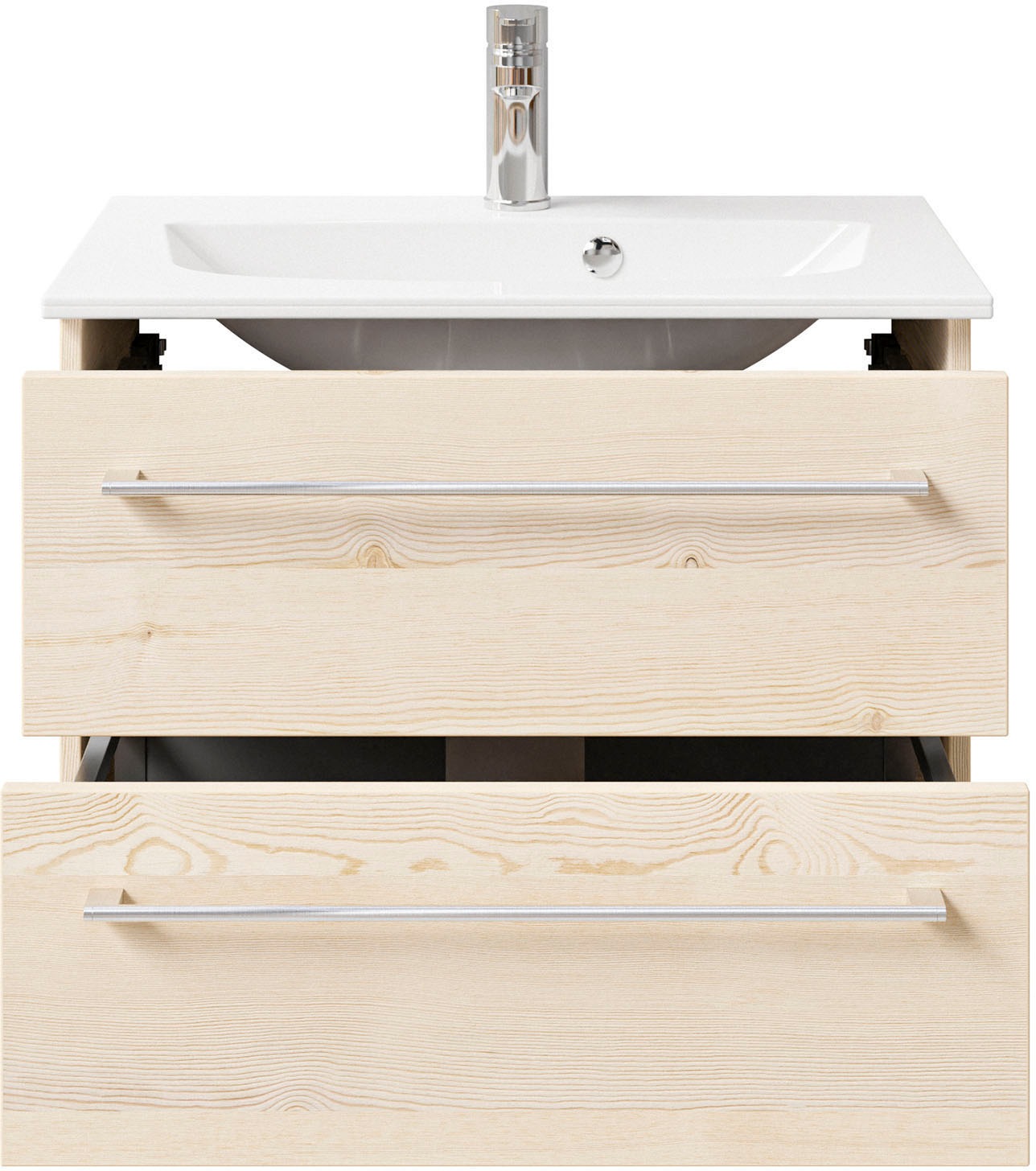 Saphir Badmöbel-Set »Serie 6025 2-teilig Mineralmarmor-Waschtisch mit LED-Spiegelschrank«, (2 St.), Waschplatz 67 cm breit, 2 Schubladen, 2 Spiegel-Türen, inkl Türdämpfer