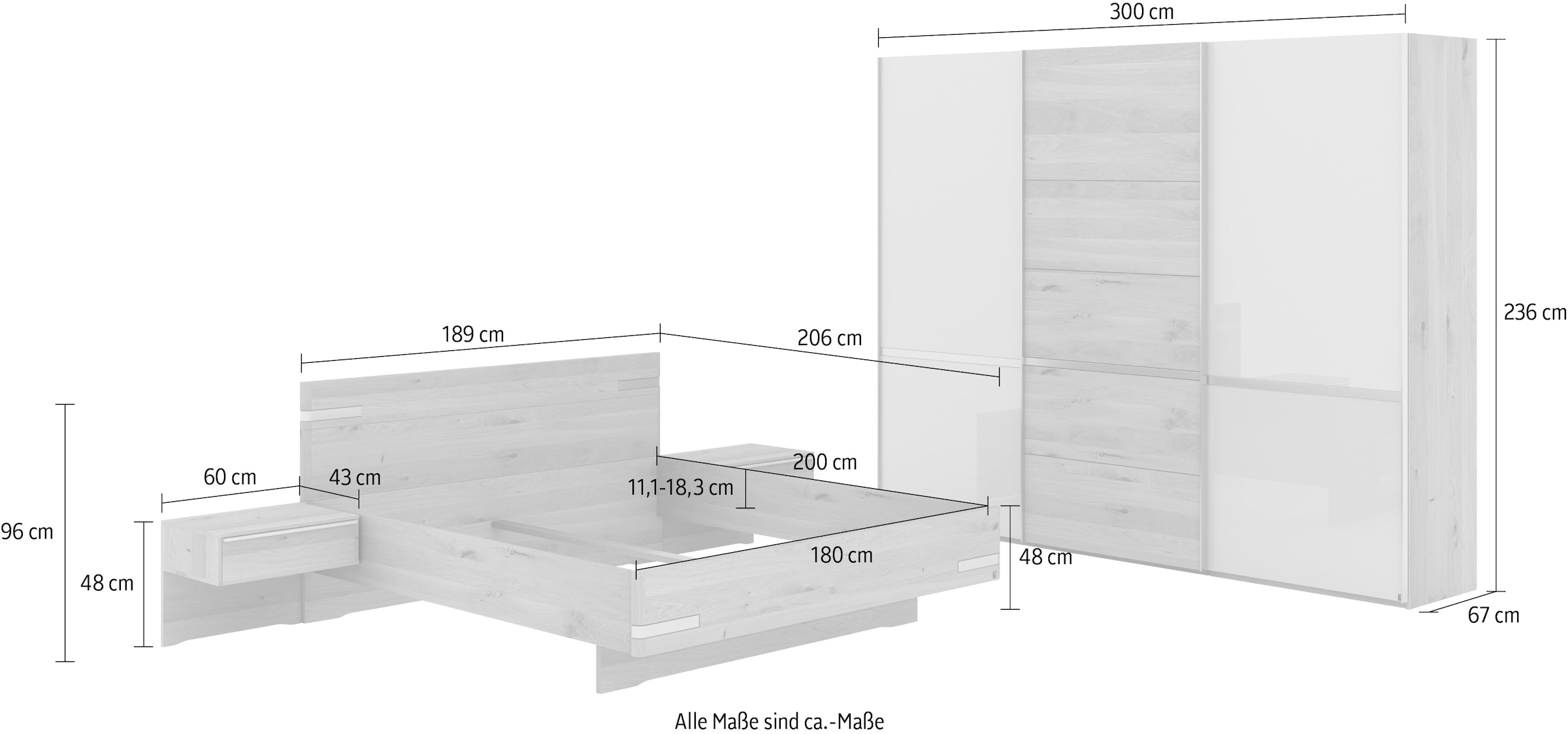 Musterring Schlafzimmer-Set »Savona, Kleiderschrank, Bett & Nachtkommoden, teilmassiv Bianco-Eiche«, (2er-Set Nachtschränke, Schwebetürenschrank, Bett 180x200 cm), Eiche- und Glastüren, Konsolen und Kopfteil Eiche-Bianco, Höhe 236cm