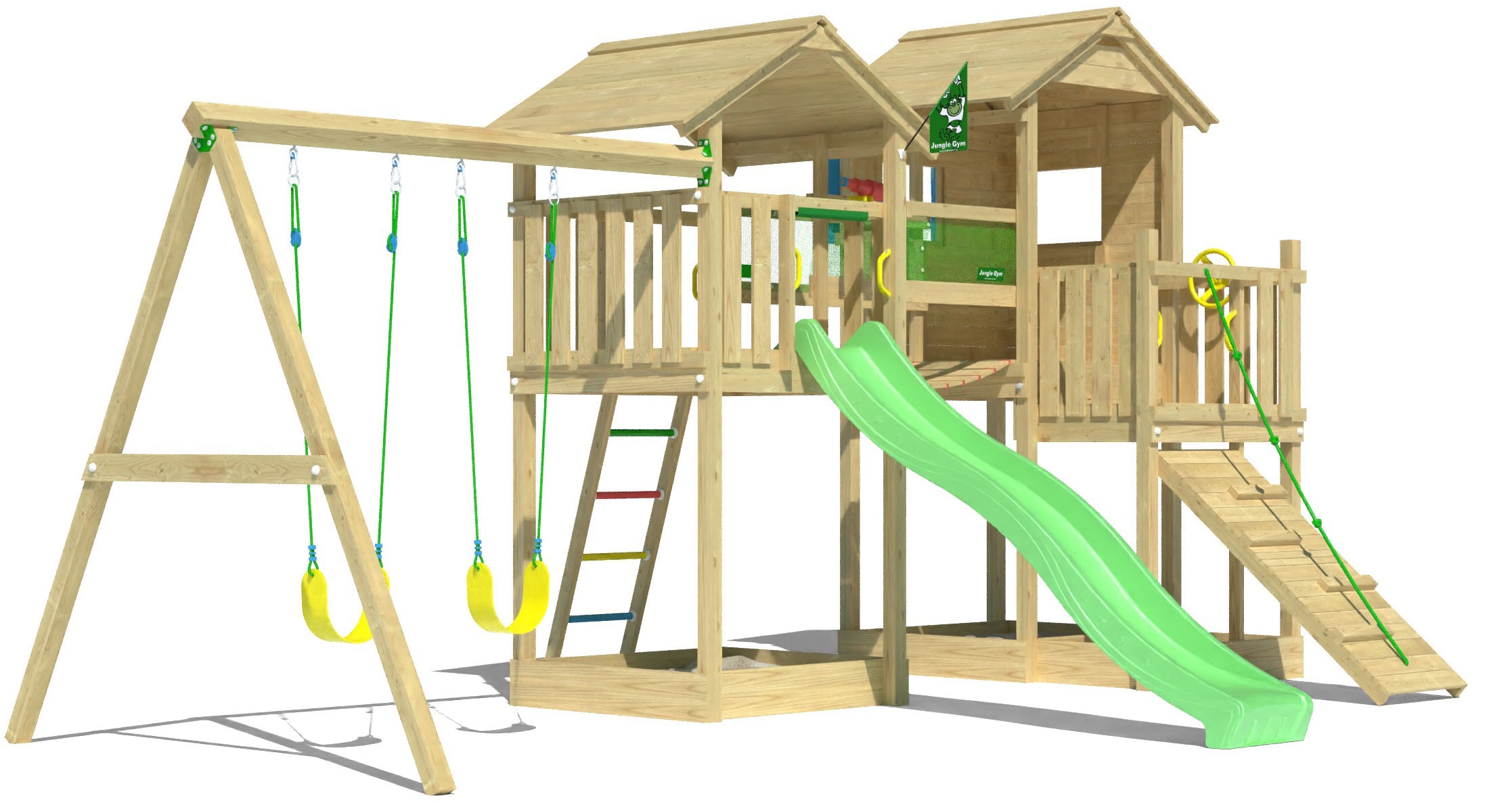 JUNGLE GYM Jungen Spielturm "Stronghold", grün, Holzwerkstoff, B:394cm H:310cm T:626cm, Spieltürme, Spielanlage mit 2 Türmen, Schaukel und Rutsche