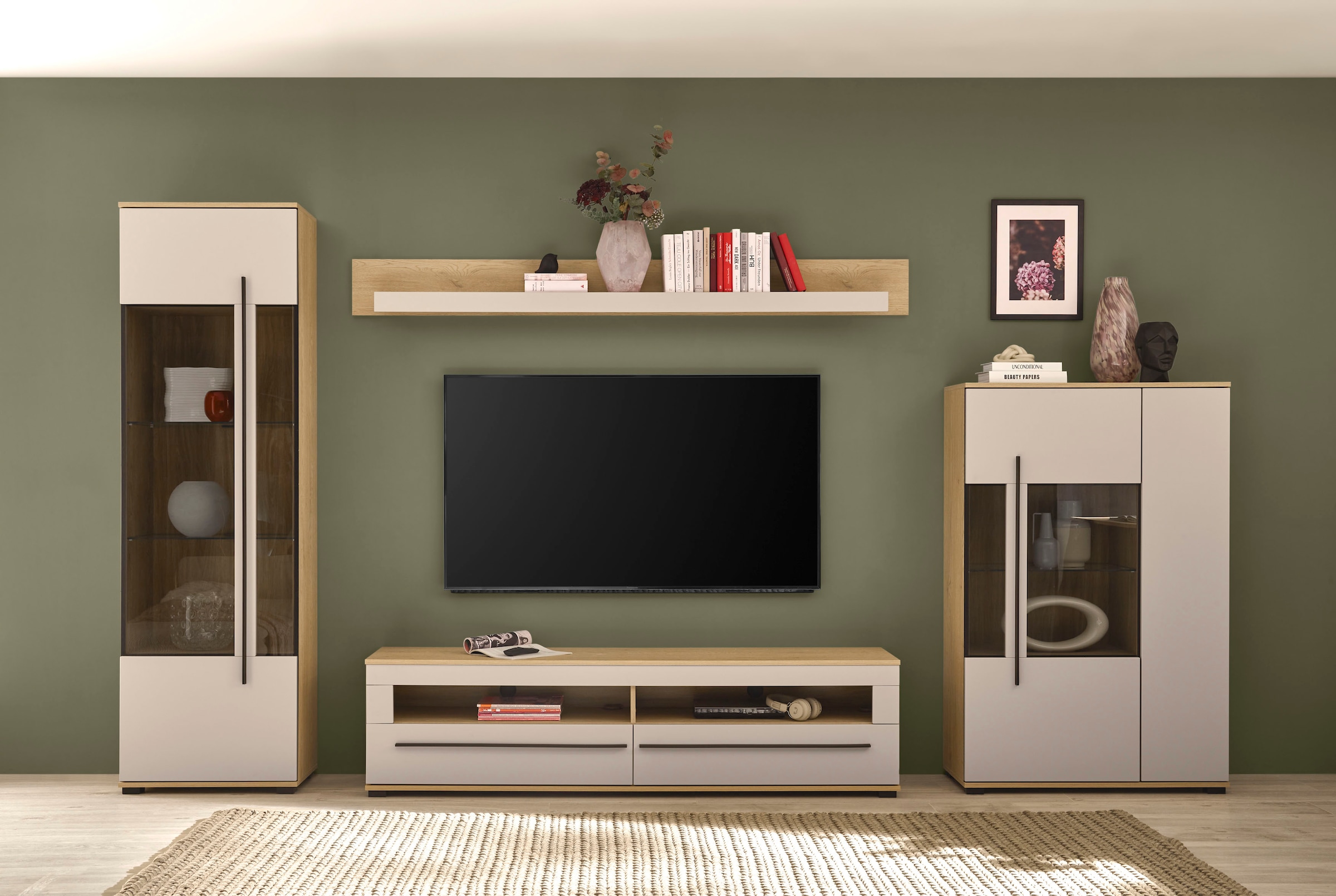 Home affaire Wohnwand "Cantara, Anbauwand, Wohnzimmer-Set, in Eiche Evoke, Weiß oder Kaschmir" Set, 4 Stk. tlg.