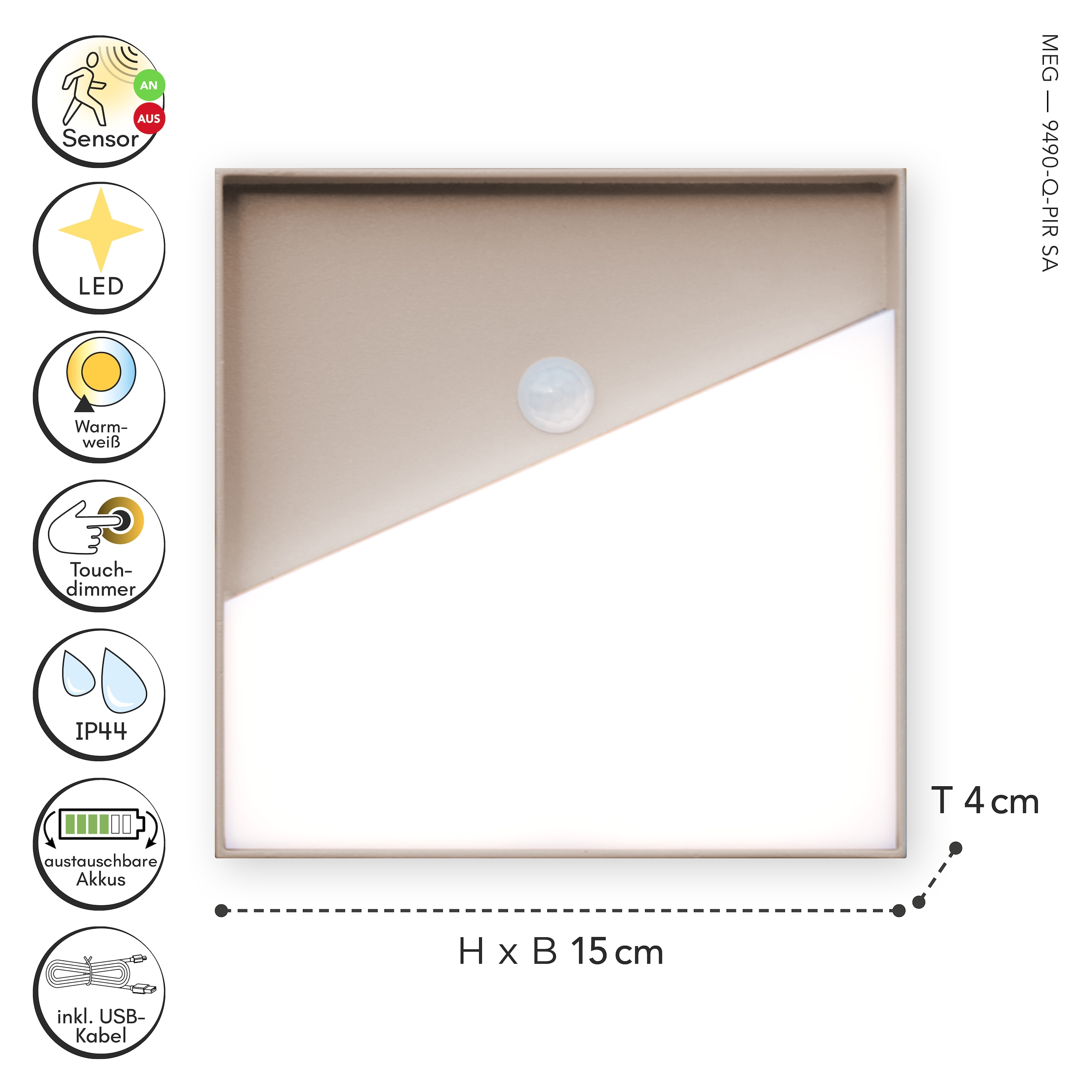ECO-LIGHT LED Außen-Wandleuchte »LED-Wandleuchte MEG + PIR«, 1 flammig, Leuchtmittel LED-Board | LED fest integriert, Akku-Licht für Innen & Außen