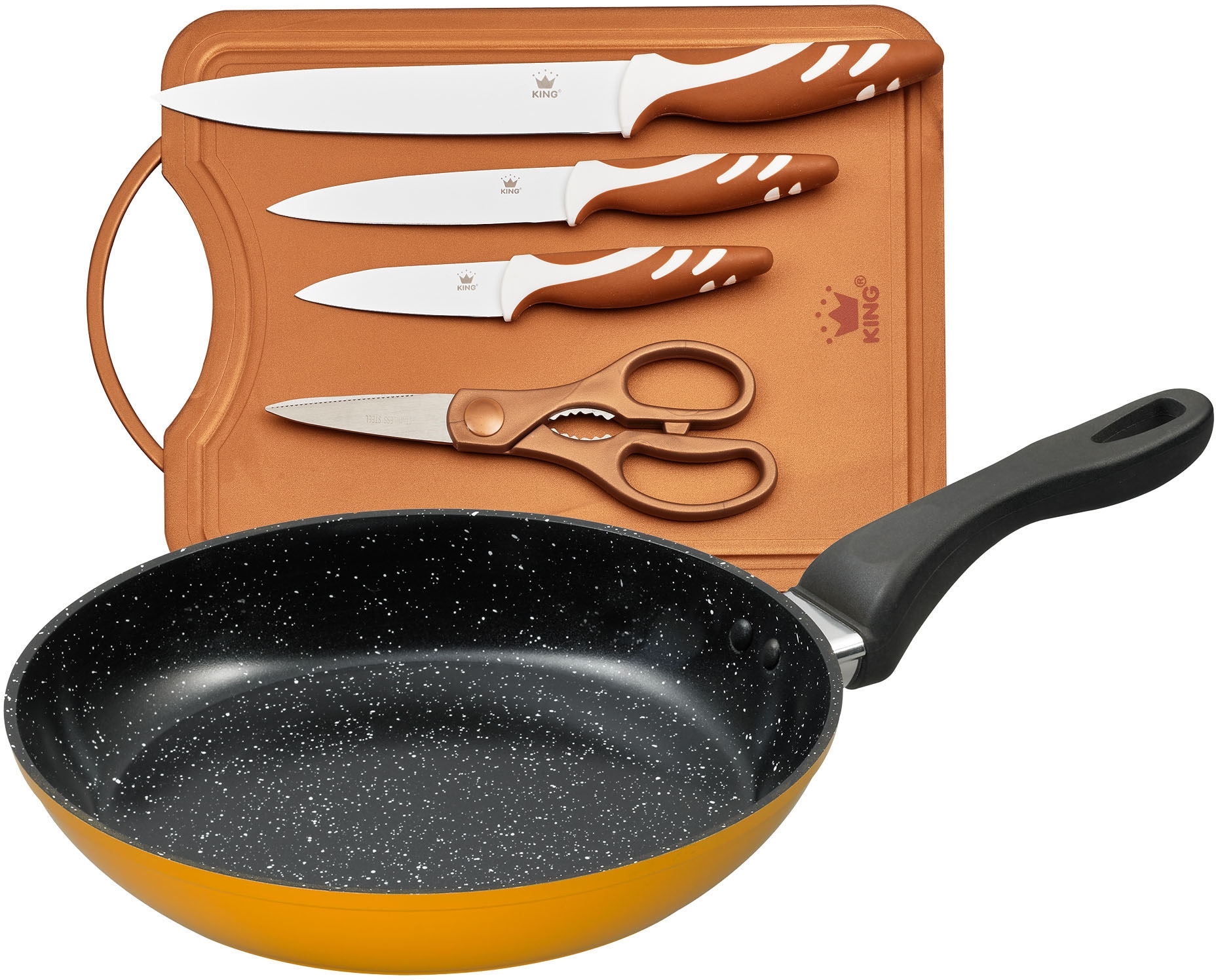 KING Bratpfanne, Aluminium, (Set, 6 tlg., 1 Pfanne, 3 Messer, 1 Schere, 1  Schneidebtrett), Ø 28 cm, formstabiler Thermoboden, Induktion,  Keramikbeschichtung kaufen | BAUR