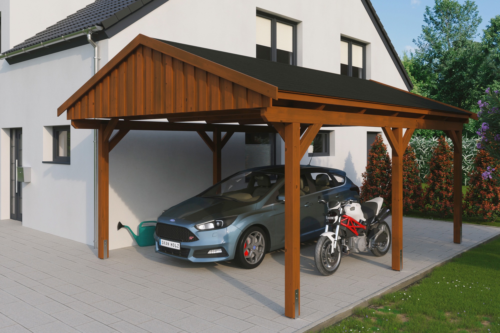 Skanholz Einzelcarport "Fichtelberg", Leimholz-Nordisches Fichtenholz, braun, mit schwarzen Schindeln