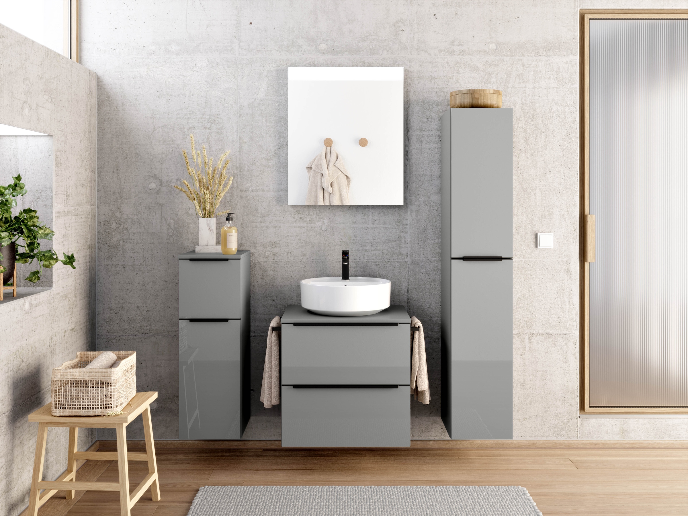 nobilia® Badmöbel-Set »Alvene«, (4 St., vormontiert, mit Soft-Close), Hochglanz, inkl. Spiegel mit Touch-Sensor, in vier Breiten