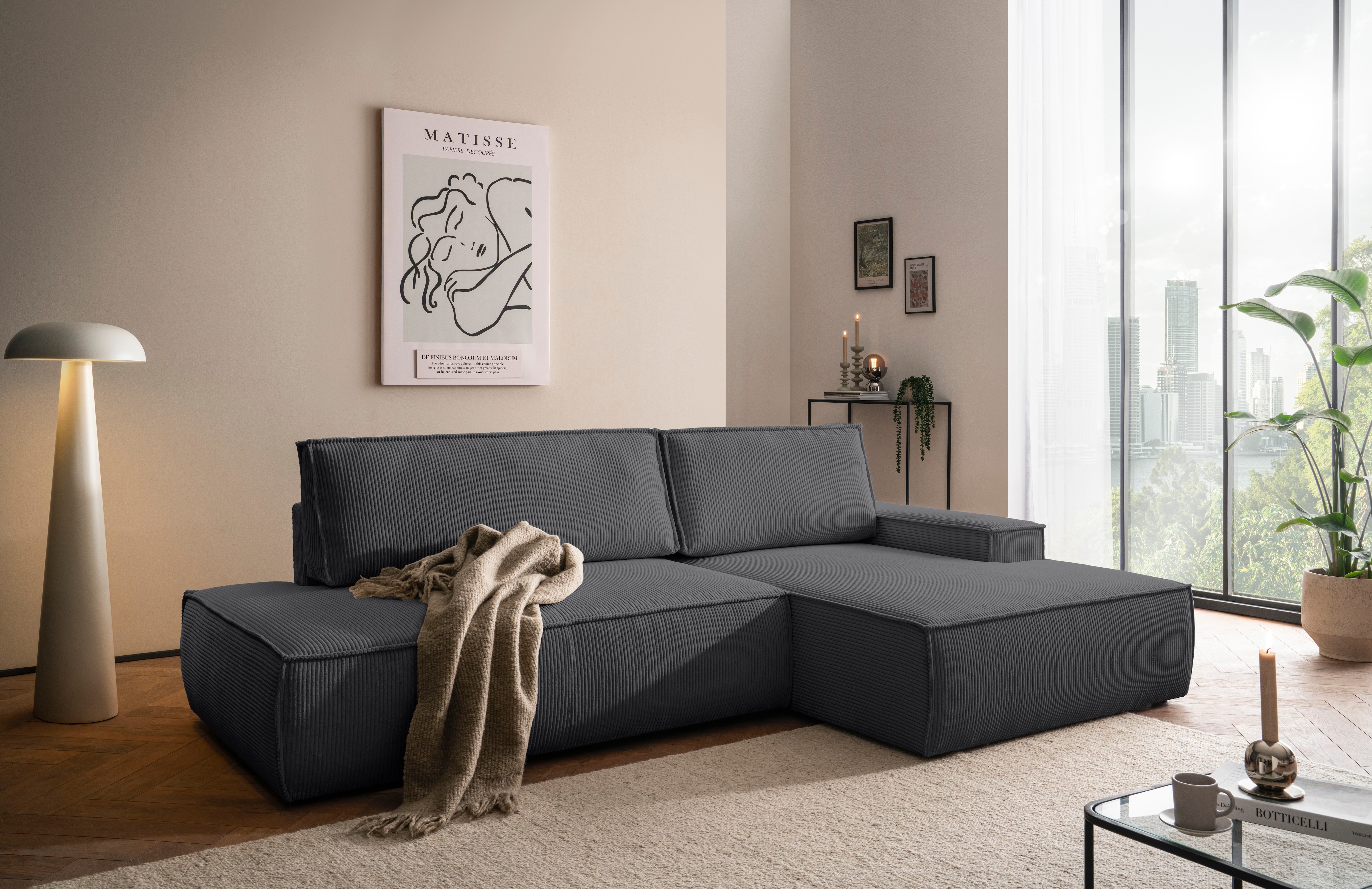 OTTO home Ecksofa "SHERWOOD Cord Schlafsofa in L-Form offen (275cm)" Schlaffunktion und Bettkasten, Kedernaht, hoher Sitz- & Liegekomfort