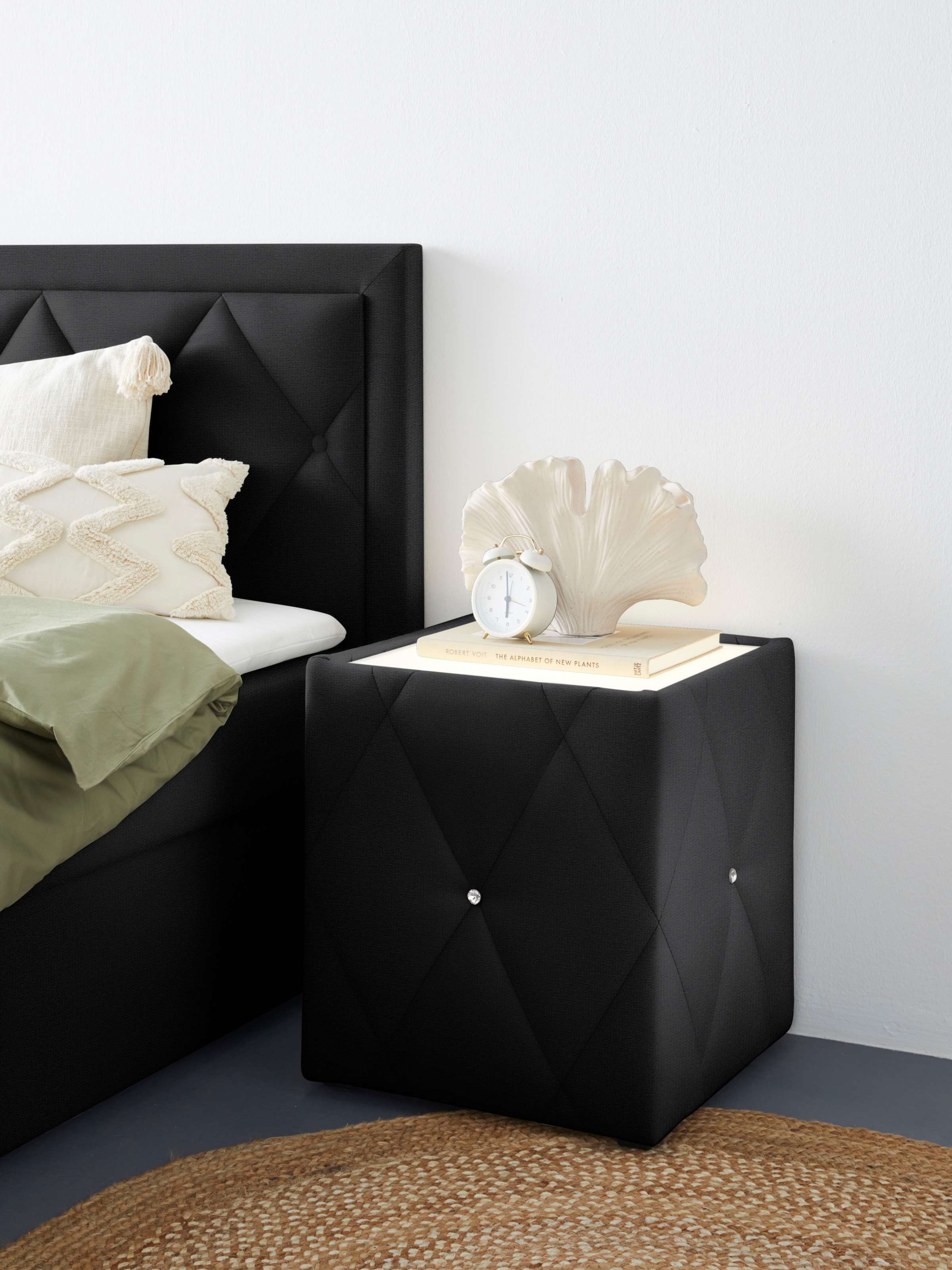 Nachttisch HOME AFFAIRE "Alfie", schwarz (schwarz, plexi milchglas), B:50cm H:53cm T:50cm, Tische, Nachttisch, mit Beleuchtung und Bezug aus Samtverlours