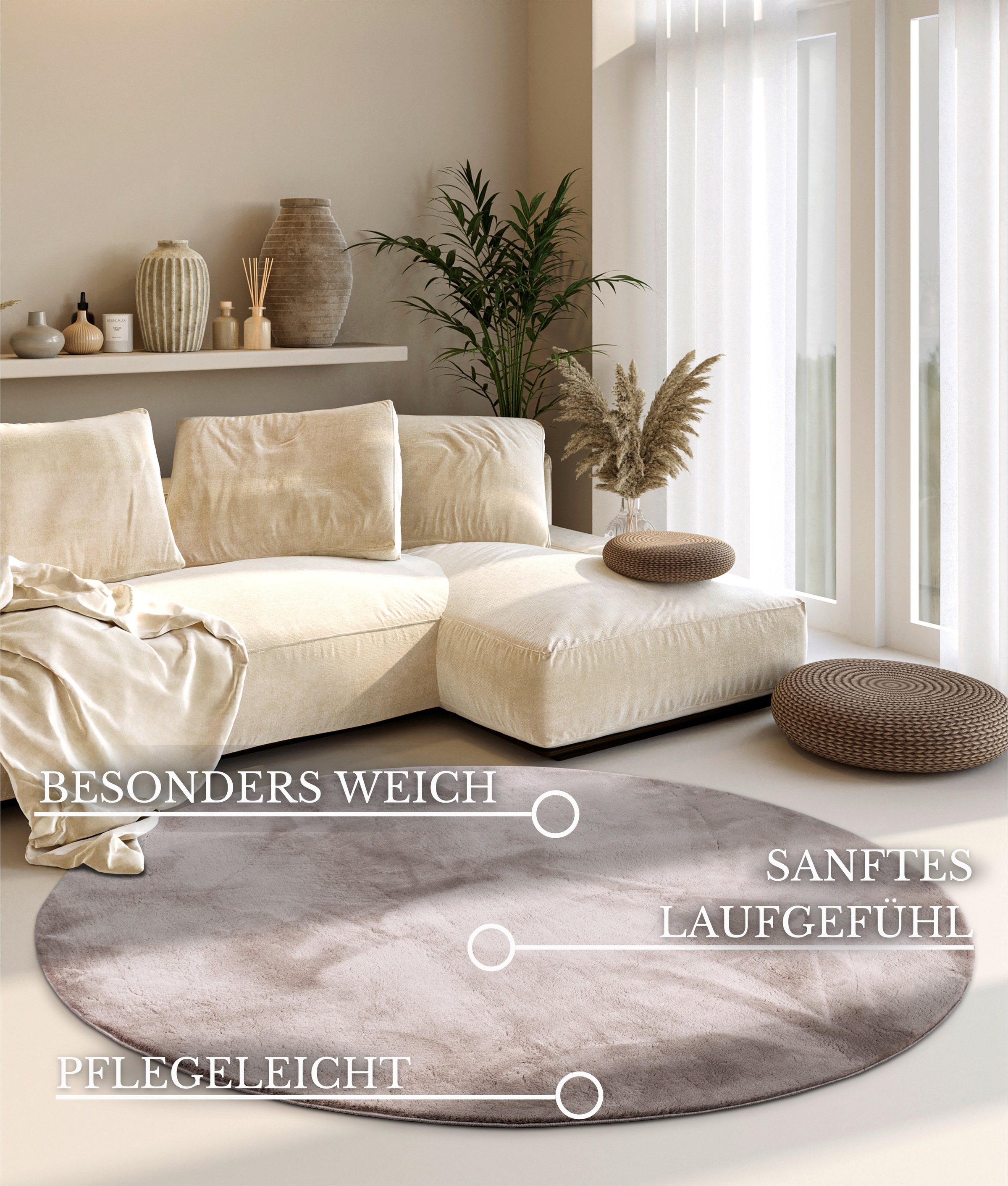 Thumbnail - Villeroy & Boch Teppich "Leon", rund, 15 mm Höhe, Langflor, Shaggy, einfarbig, flauschig, weich, glänzend, modern, uni