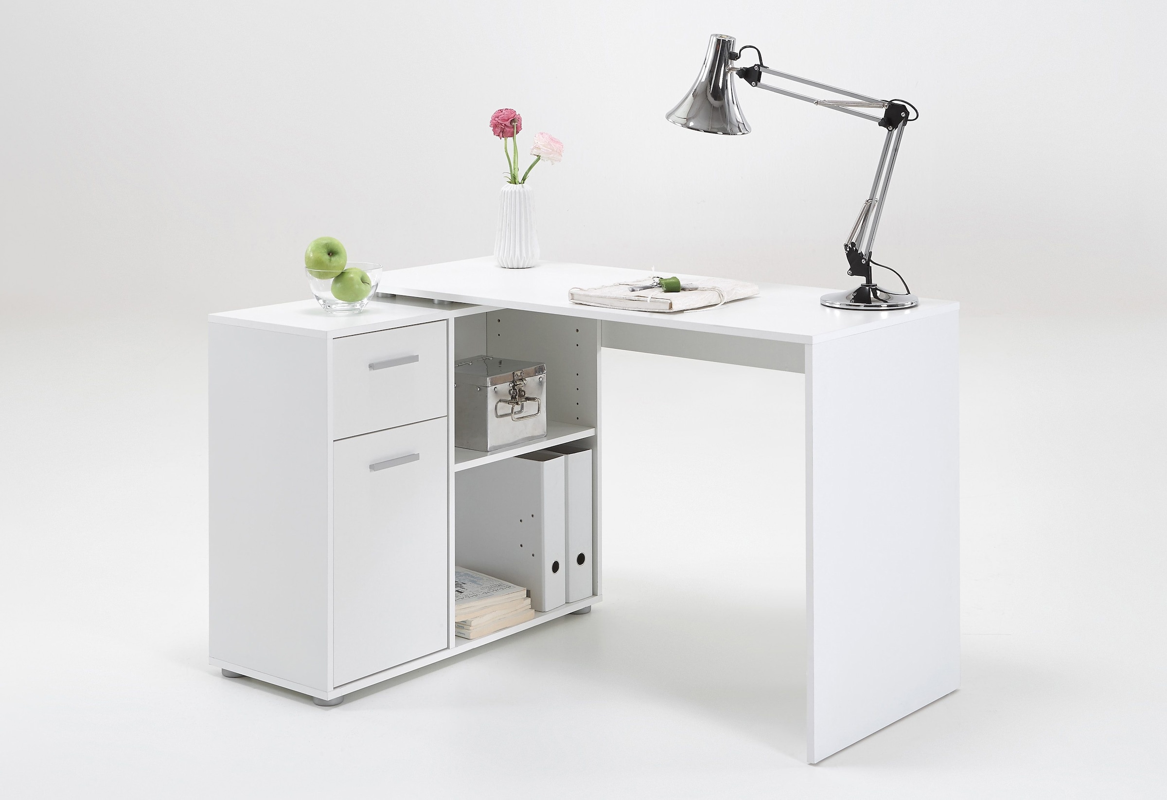 FMD Eckschreibtisch »AUGSBURG«, Schreibtisch/ Sideboard m. Stauraum, beids. montierb., 117 oder 148 cm