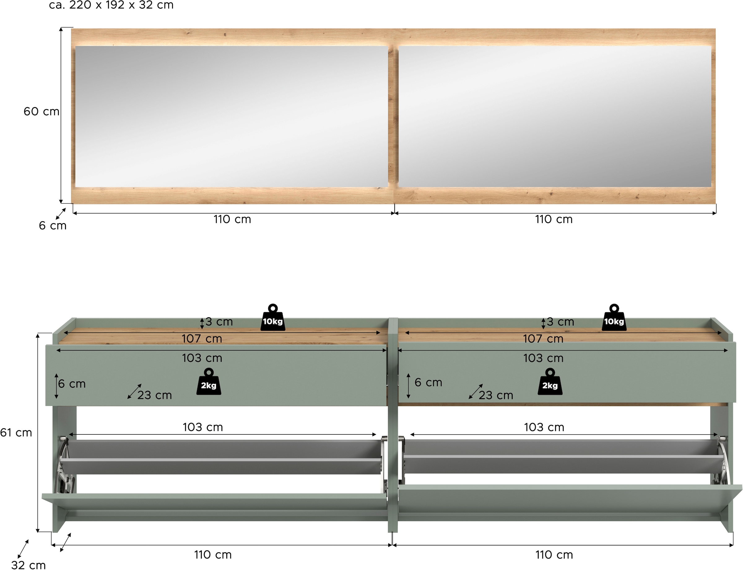 INOSIGN Garderoben-Set »EVRID, 4-teilig, Breite 220 cm, inkl. Beleuchtung« best. aus: 2x Kommode und 2x Spiegel, 4 Stk. tlg.