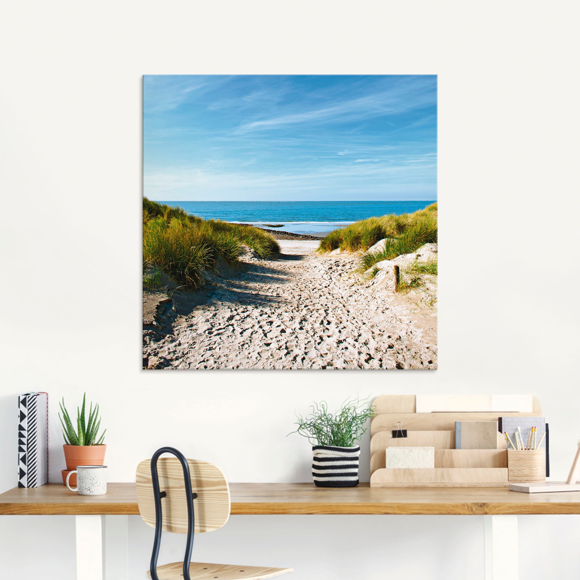 Glasbild ARTLAND "Strand mit Sanddünen und Weg zur See", beige (farbe bild(er): naturfarben), B:100cm H:50cm, Bilder, in verschiedenen Größen 2