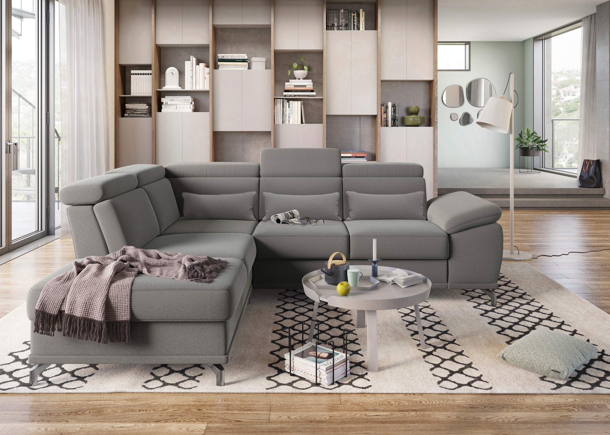 sit&more Ecksofa »Cabrio L-Form, mit Sitztiefenverstellung, Arm- und Kopfteilverstellung«, 3 Nierenkissen, Federkern, optional Bettfunktion und Stauraum