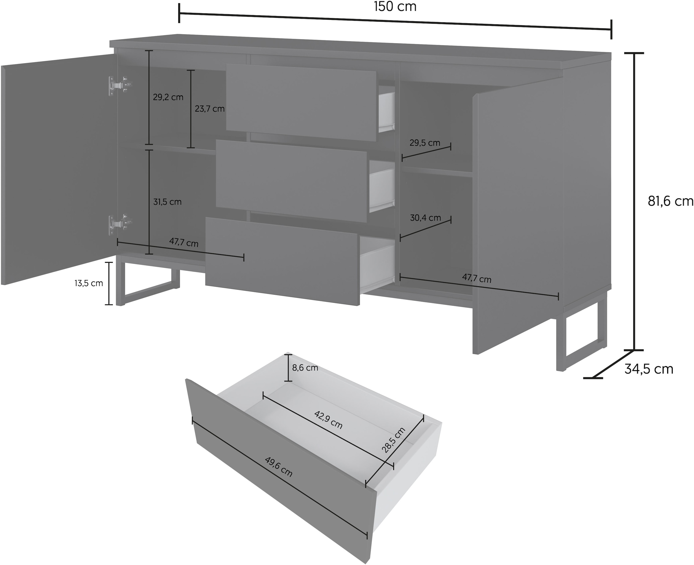 OTTO home Sideboard »Modo II, Breite 150 cm, moderne grifflose Kommode 2Türen/3 SK« Schubladenkommode viel Stauraum, Einlegeböden verstellbar, Metallkufen