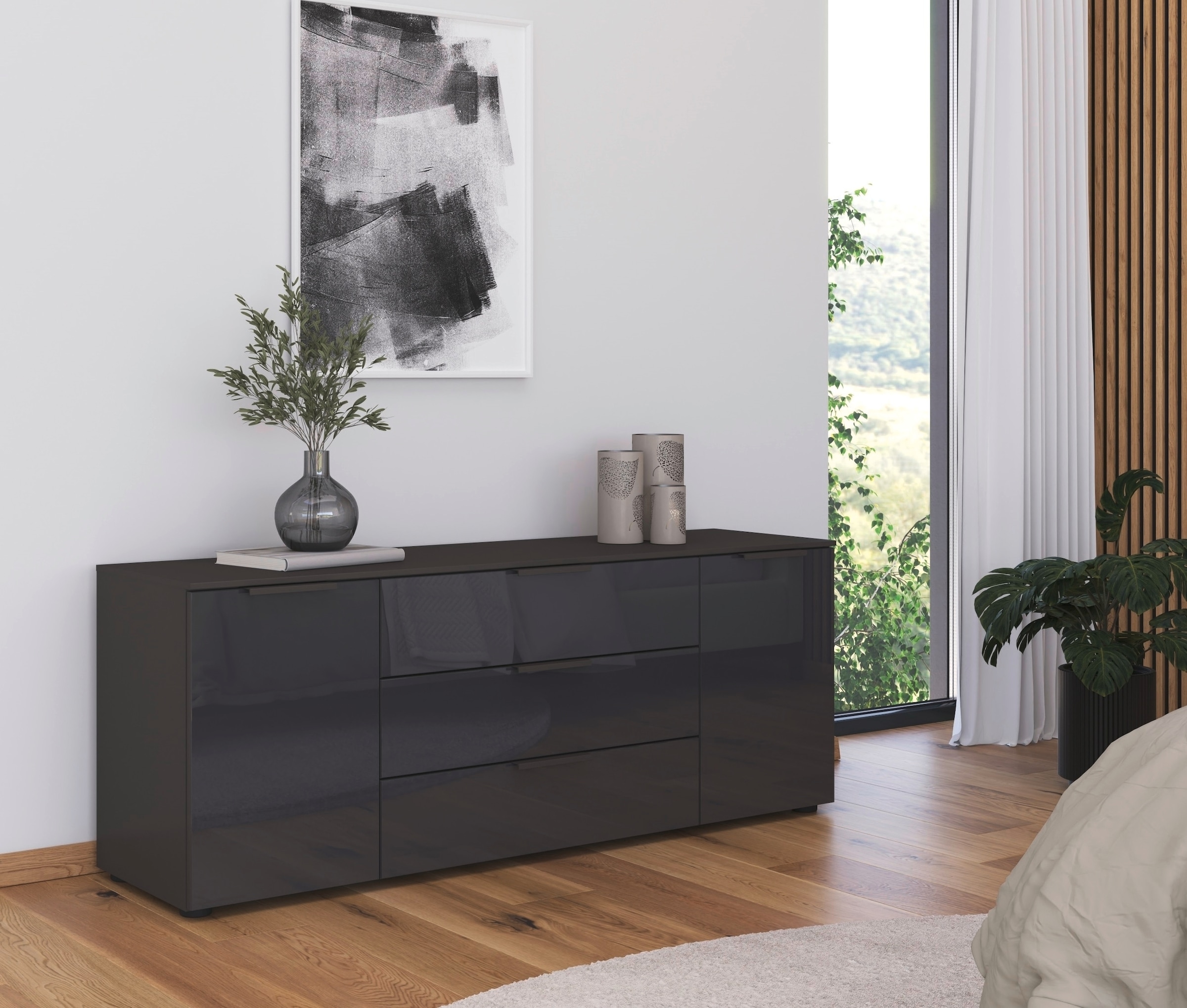 rauch Schubkastenkommode »Kommode Türkommode Sideboard Kombikommode FLIPP mit Glasfront«, (Breite 160 cm mit 2 Einlegeböden), 2-türig mit 3 Schubladen und Soft-Close-Funktion sowie Glasfront