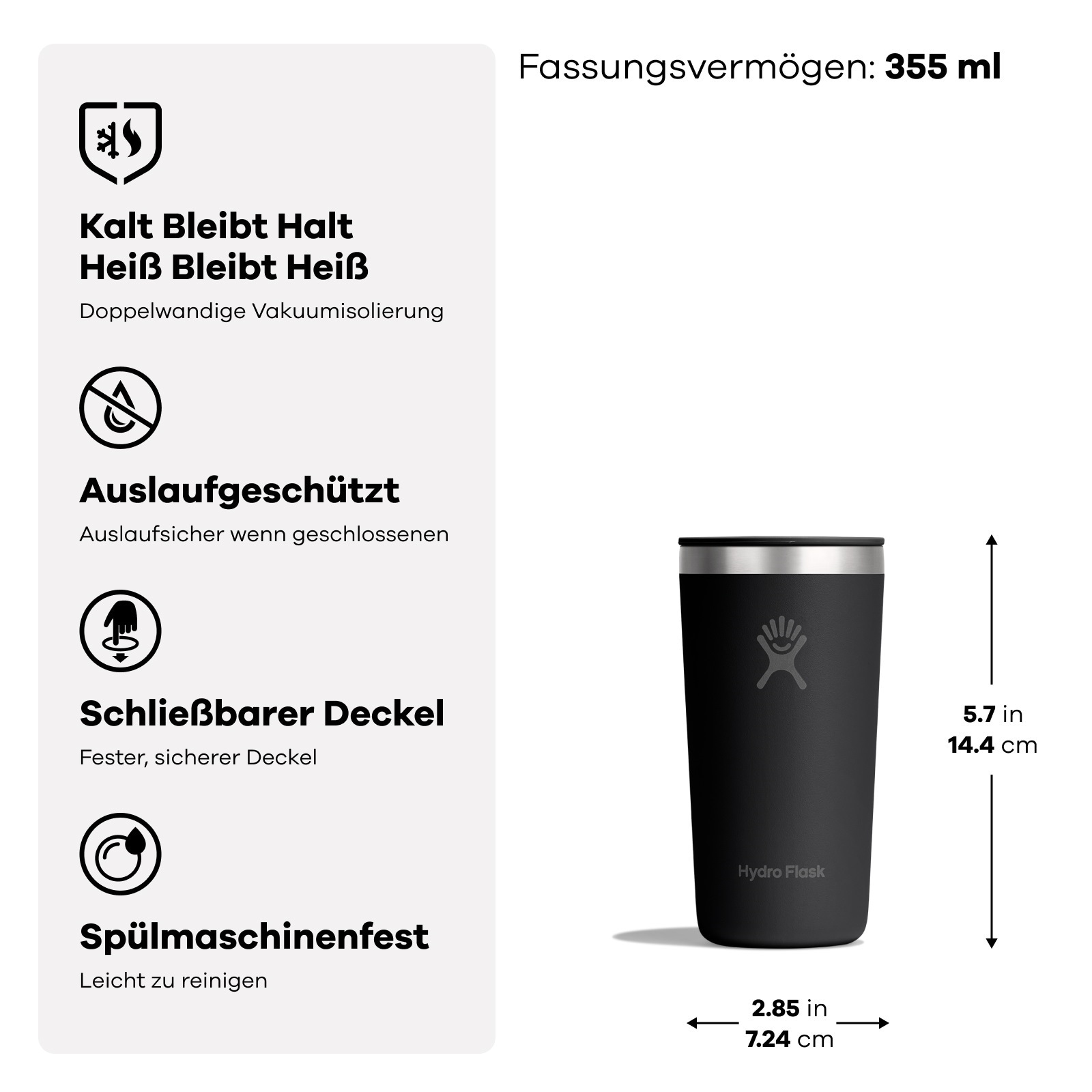 Hydro Flask Thermobecher »12 OZ All Around Tumbler Press-In Lid, 355 ml« Kompatibel mit Trinkhalmdeckel und verschließbaren Eindrückdeckel