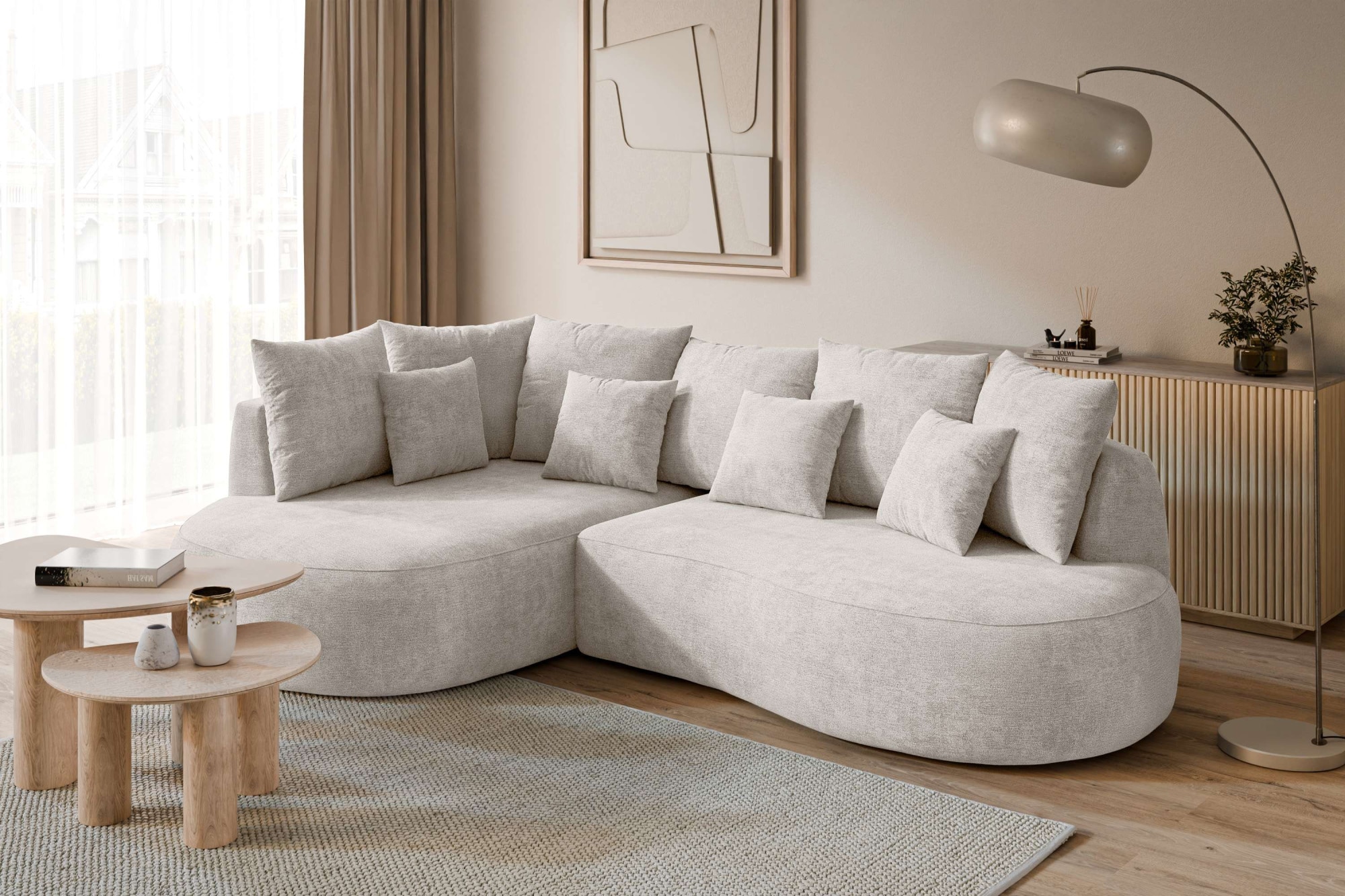 homsy by Ana Johnson Ecksofa »PEBBLA L-Form mit vielen Kissen, modernes Design, Bezug- Struktur« Breite 267 cm, Design-Sofa mit Ottomane recht/links bestellbar