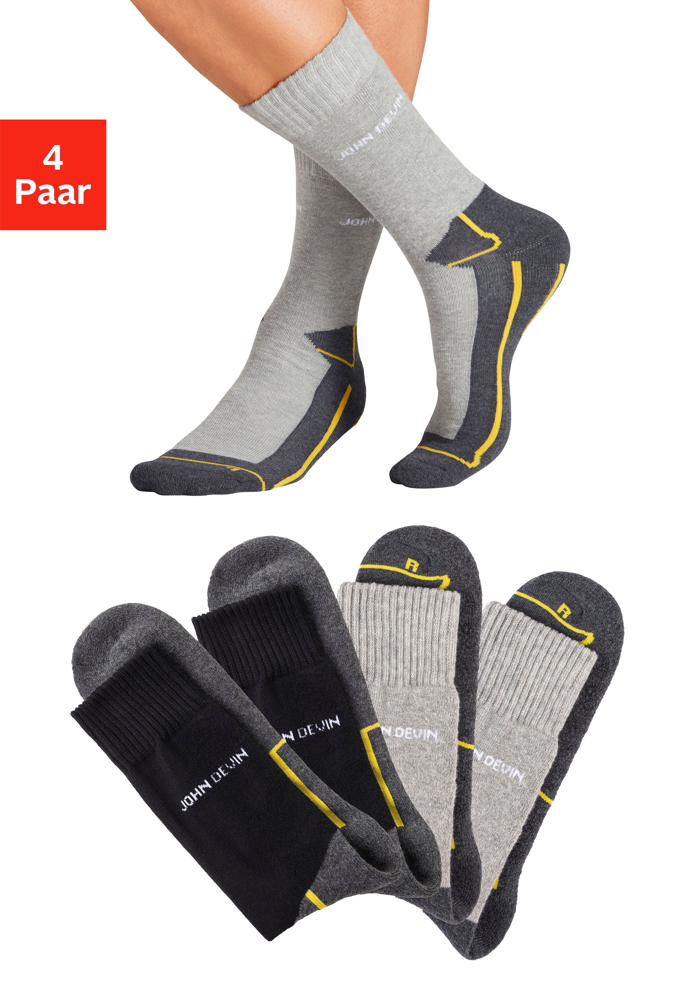 John Devin Funktionssocken "Herrensocken mit Komfortbündchen" Packung, 4 Stk. tlg. mit Sohlen über Zehen und hoch Fersenplüsch