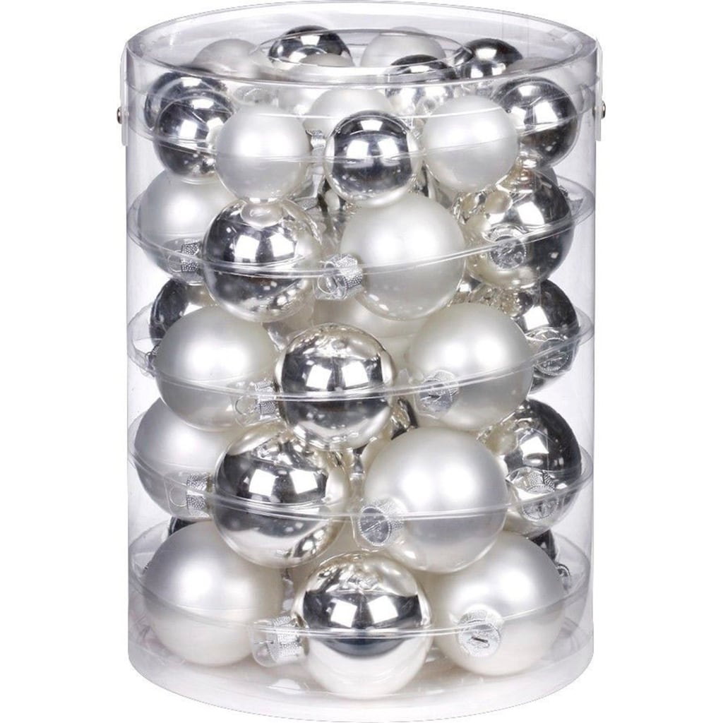 MAGIC by Inge Weihnachtsbaumkugel »Frosty Silver, Weihnachtsdeko, Christbaumschmuck«, (Set, 46 St.), Christbaumkugeln aus Glas, 45 Kugeln Ø ca. 4-6 cm, inkl. Spitze 28 cm