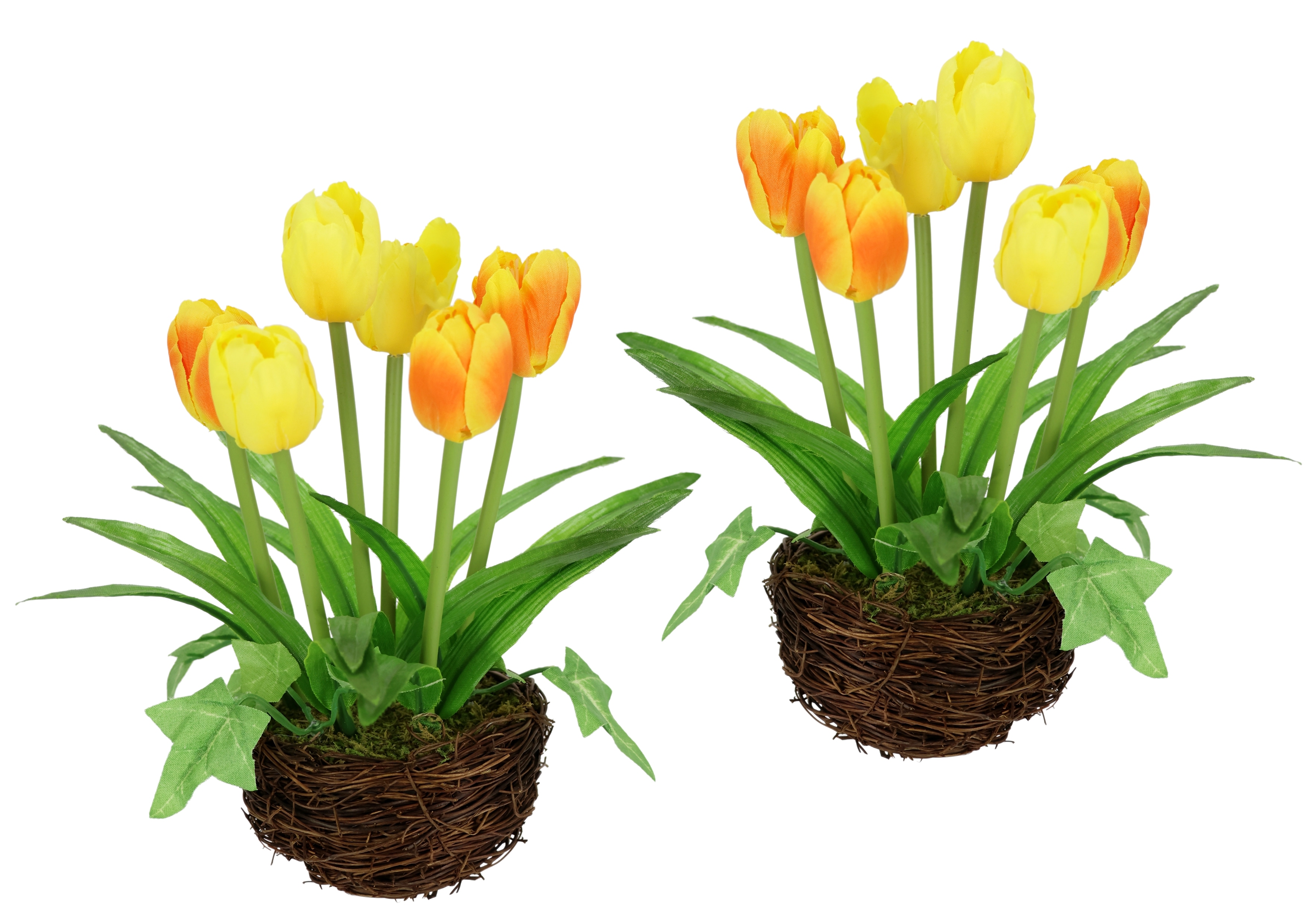 I.GE.A. Kunstblume "Gesteck Tulpe im Weidenest 2er Set 20cm" Kunstblume Blumen Frühjahrsdeko Osterdeko Seidenblume Zimmerpflanze