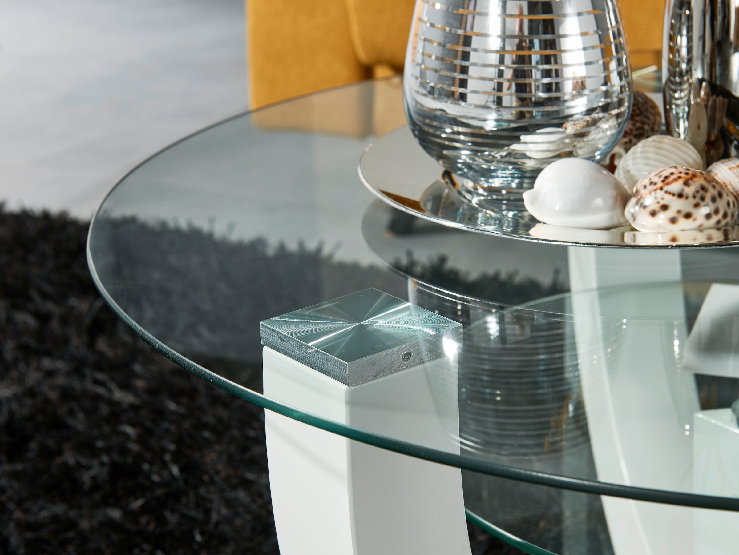 HBZ Couchtisch »Denver, TOPSELLER!«, (Couchtisch), rund mit Glas, Tisch -Gestell weiß hochglanz