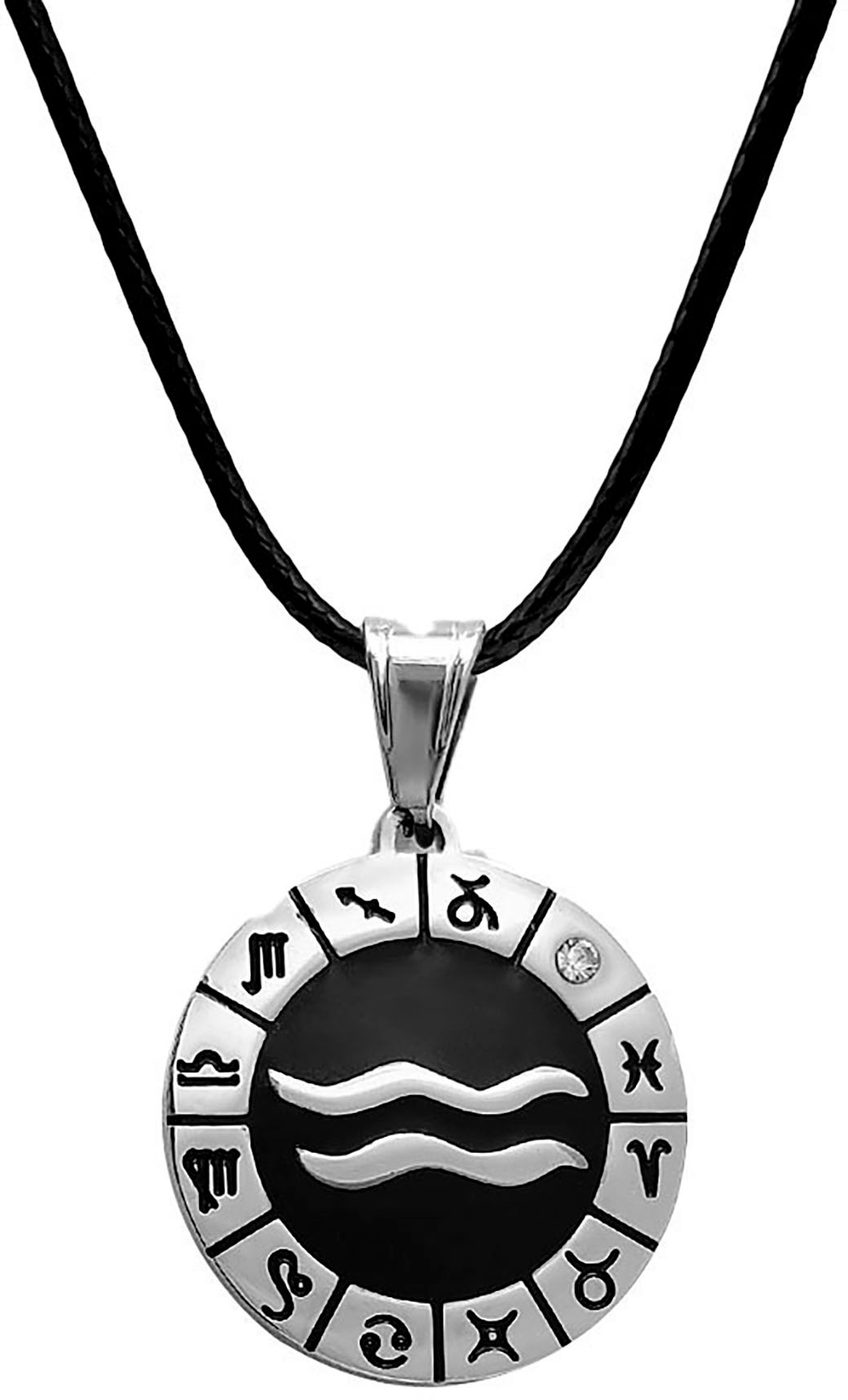 FIRETTI Damen Kette mit Anhänger "Schmuck Geschenk Edelstahl Leder Halsschmuck Halskette Sternzeichen", Wassermann, Edelstahl Leder, L: 80 B: 2mm,