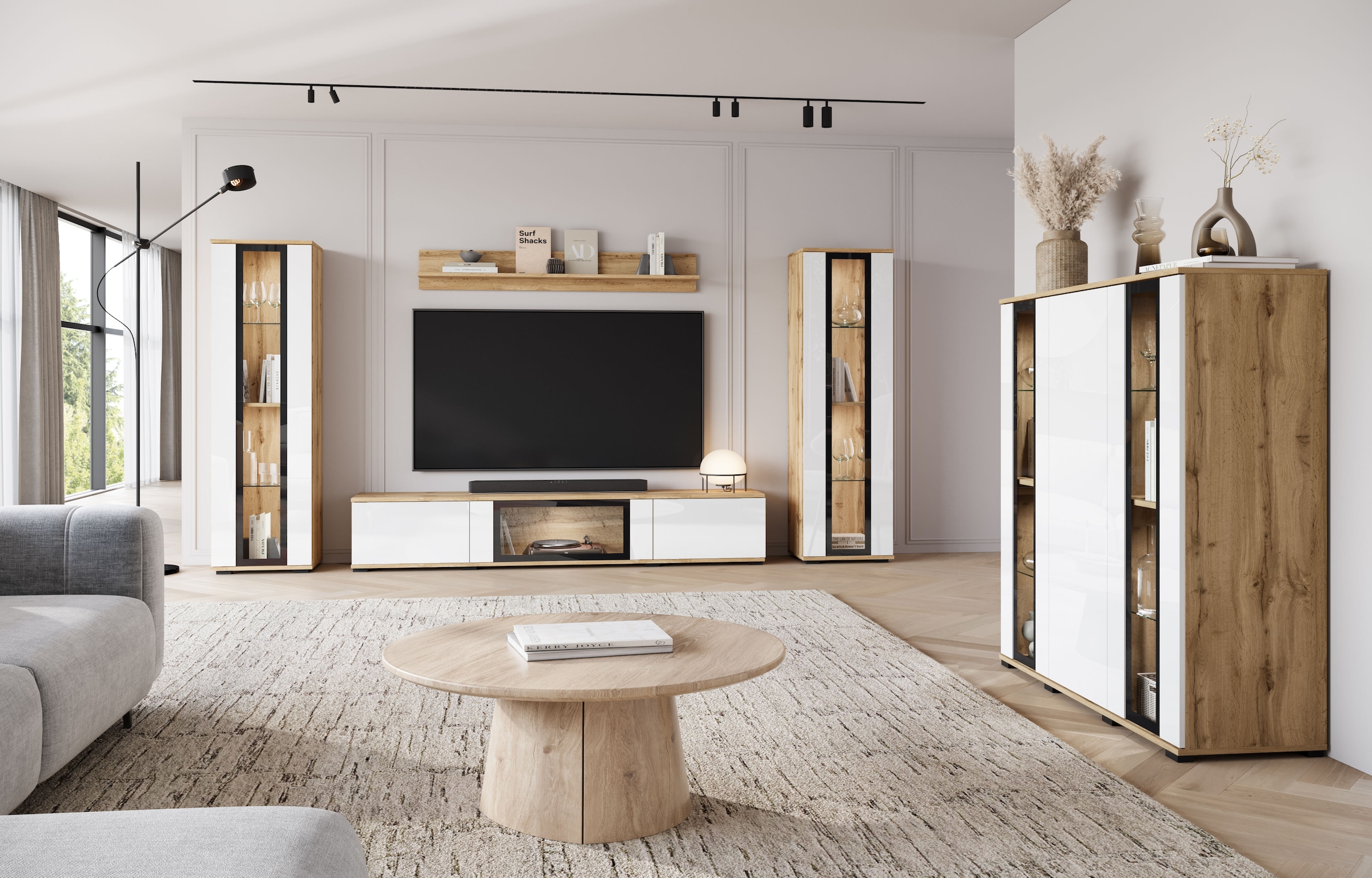 INOSIGN Highboard »Caro, modernes Design mit Glaseinsätzen, Breite 120 cm«, (1 St.), grifflose Fronten mit Push-to-Open, höhenverstellbare Einlegeböden