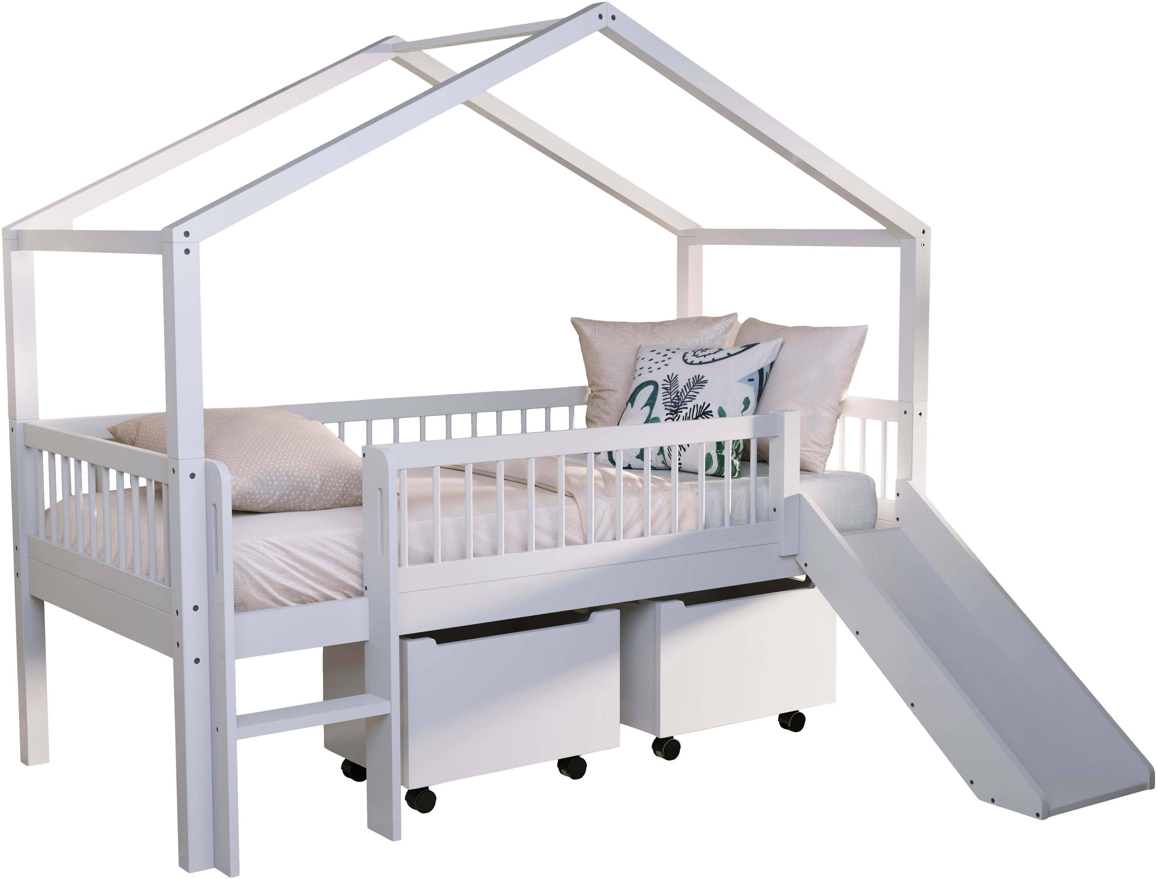 Vipack Hausbett "Inkl. Dachaufbau, Leiter, Rutsche und Rolllattenrost, Made in Europe" wahlweise mit und ohne dekorativem Textilhimmel erhältlich, hochwertig und stabil bebaut, Buche massiv weiß lackiert