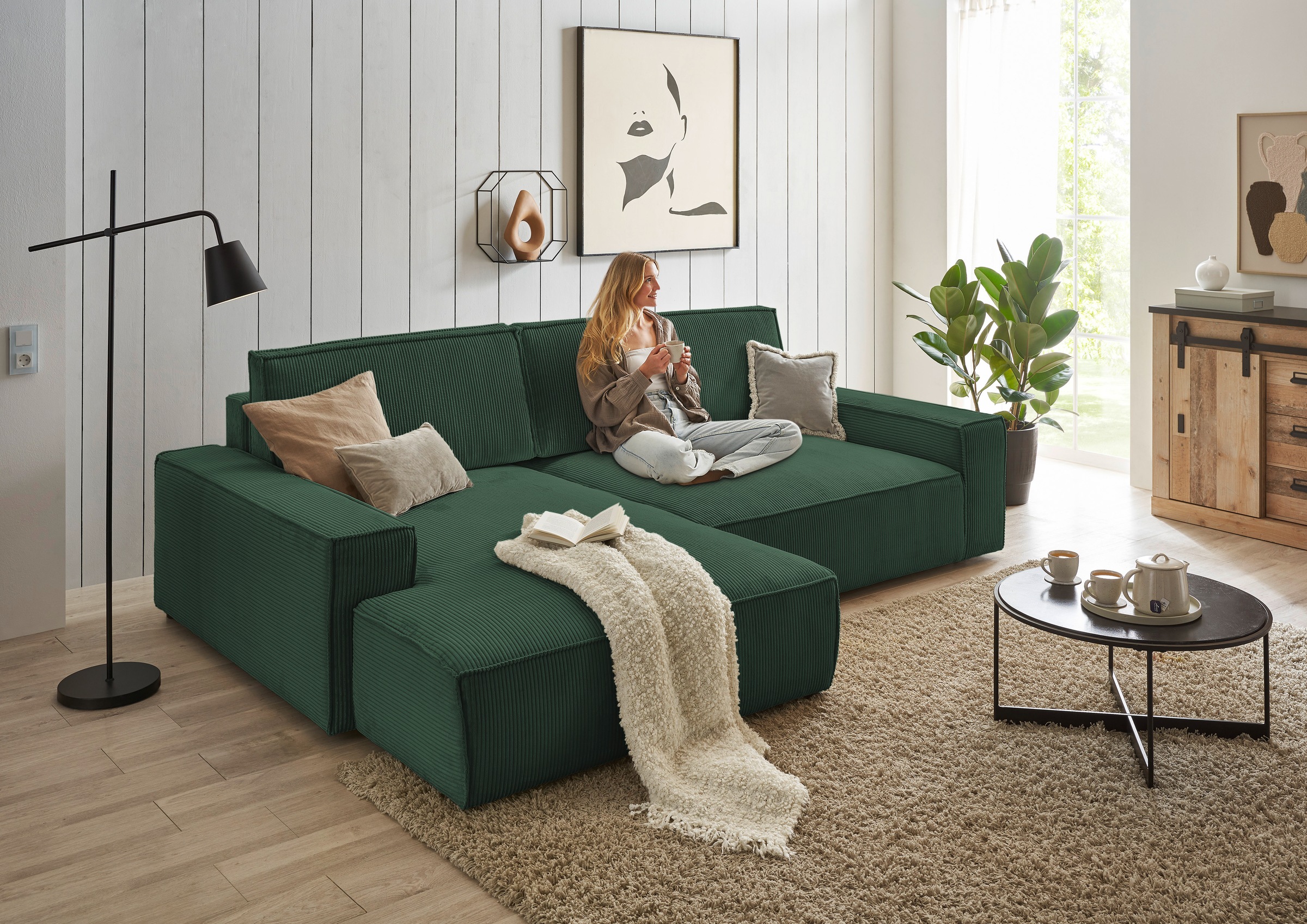Home affaire Ecksofa »NEU: SHERWOODL XXL 284, Big-Sofa L-Form, tiefe Sitzfläche 95 cm, Cord,«, Leinenoptik, Recamiere rechts/links, auch als Schlafsofa stellbar