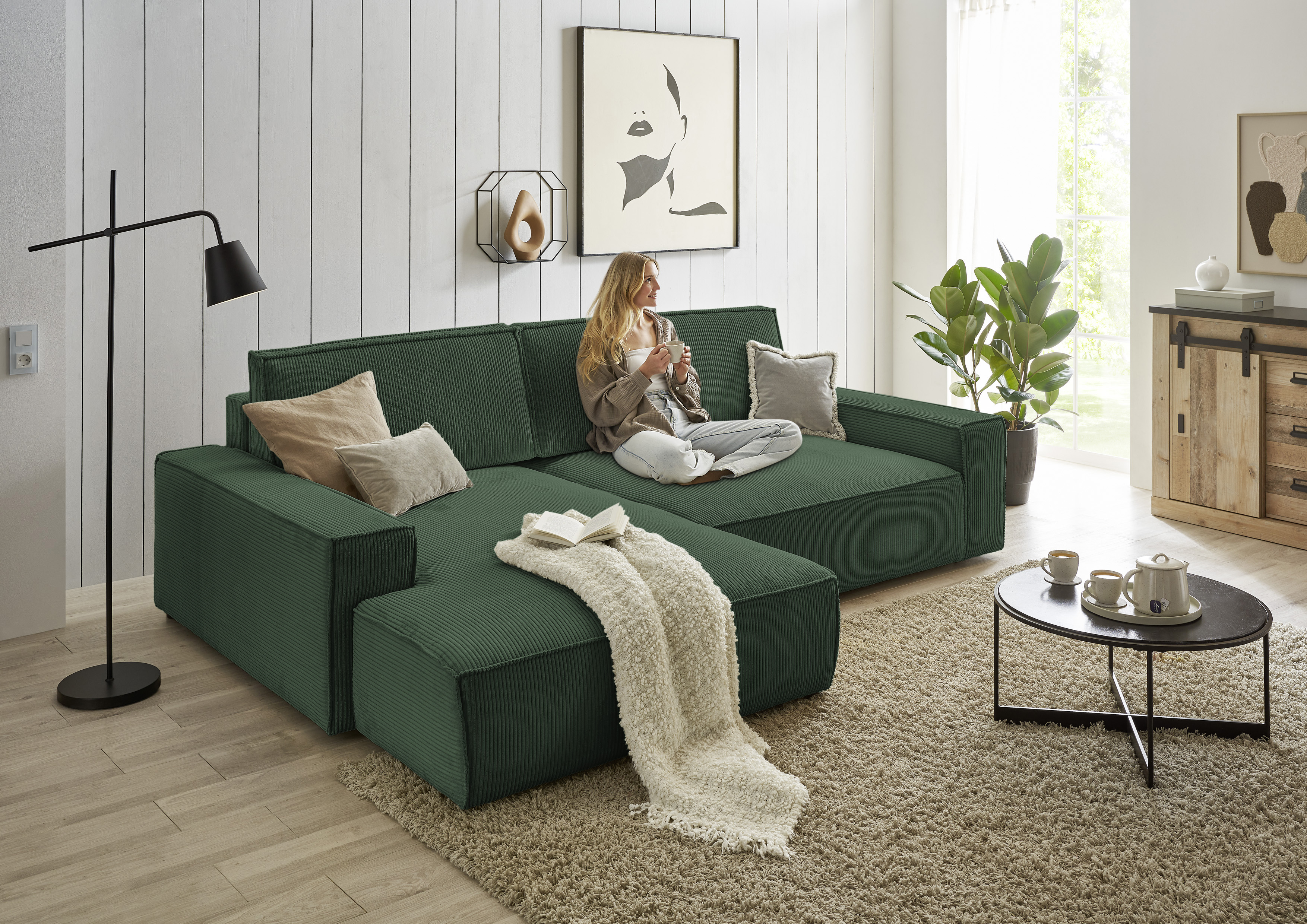 OTTO home Ecksofa "SHERWOOD XXL Cord 284, Big-Sofa L-Form, tiefe Sitzfläche 95 cm" Recamiere rechts/links, als Schlafsofa stellbar, Cord u. Leinenoptik