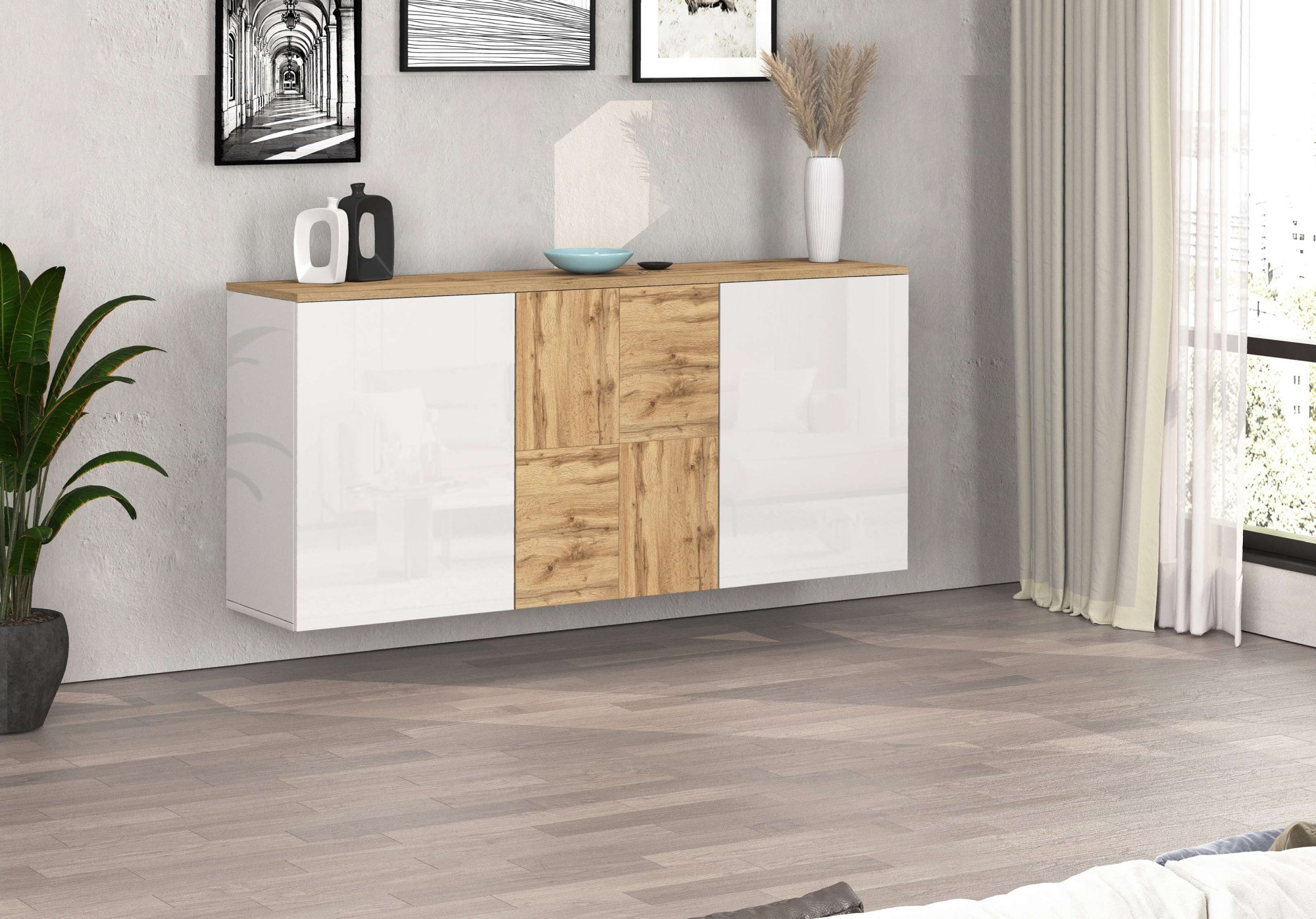 INOSIGN Sideboard »Sideboard ISEO, Kommode, Schrank, Kredenz« 1 Stk. tlg. stehend/hängend, 3 Türen HG lackiert, 6 Fächer, B 150 cm